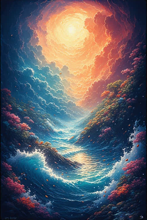 Stunning Sea Anime Realism Precisionist Art 壁紙 — 一個超現實的漩渦，由旋轉的藍色雲朵和海洋波浪匯聚到頂部一個燦爛的橙色太陽。