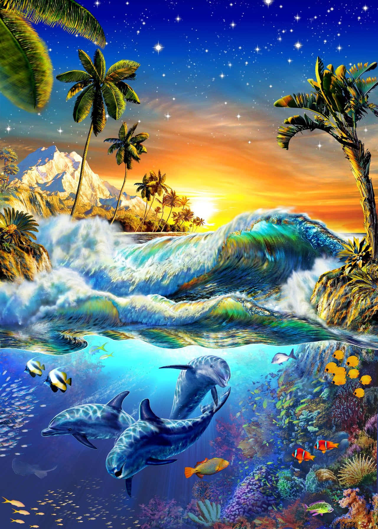 自然 桌布 壁紙 — 一個超現實的熱帶場景，海豚在星空日落天空下，在破碎的海浪上方和下方游泳。