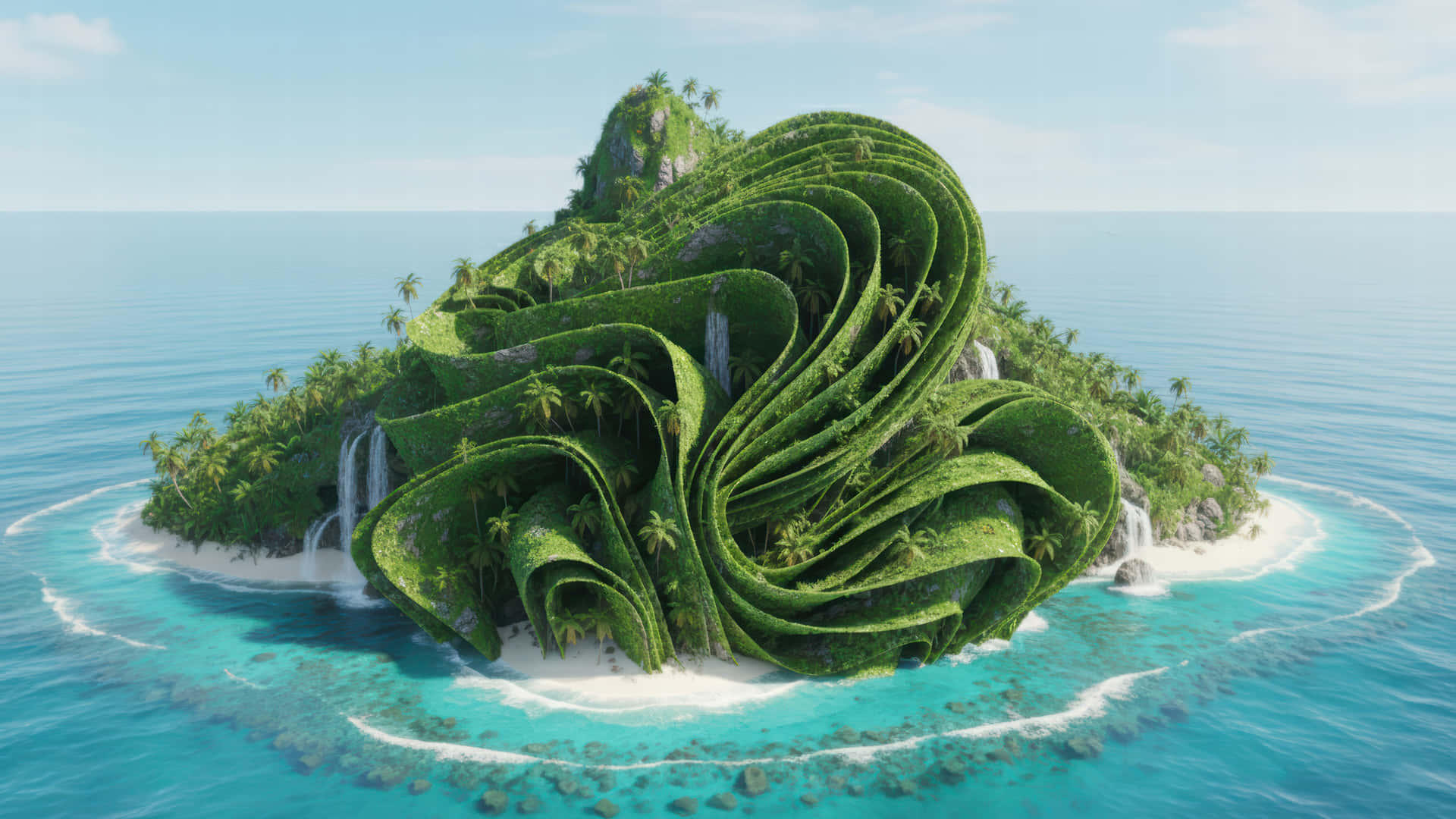 Island Bloom modded wallpaper for desktop Enhancement, 壁紙 — 一個超現實的熱帶島嶼，螺旋狀的綠色樹葉從懸崖傾瀉而下，流入碧綠的海水，擁有白色沙灘和棕櫚樹。
