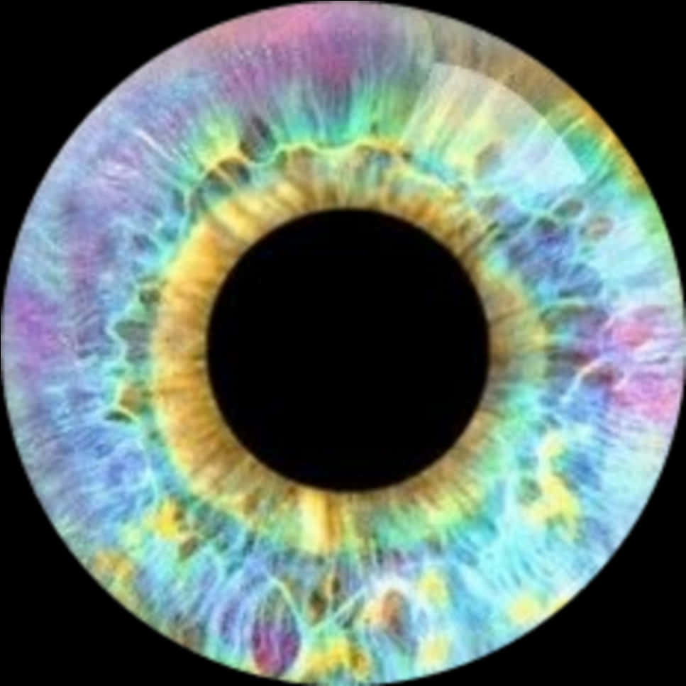 Lens 桌布 壁紙 — 一個超現實的特寫鏡頭，展示一隻人眼，虹膜中帶有虹彩般的彩虹色調，在黑色背景上旋轉。
