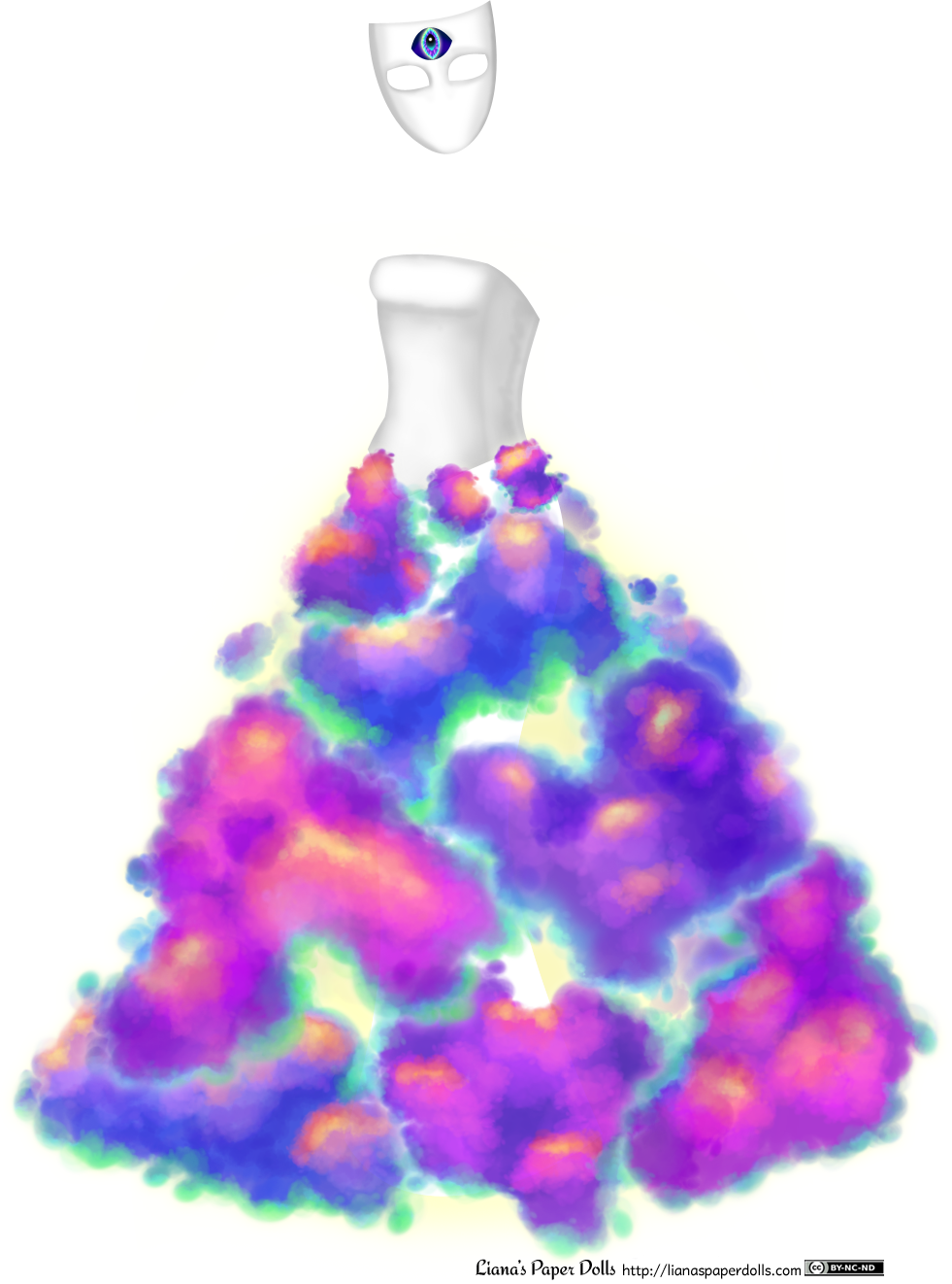 Multicolor 桌布 壁紙 — 一個超現實的白色人體模型，穿著充滿活力的紫色、粉紅色和藍色雲狀連衣裙，頭頂上方有一隻眼睛。