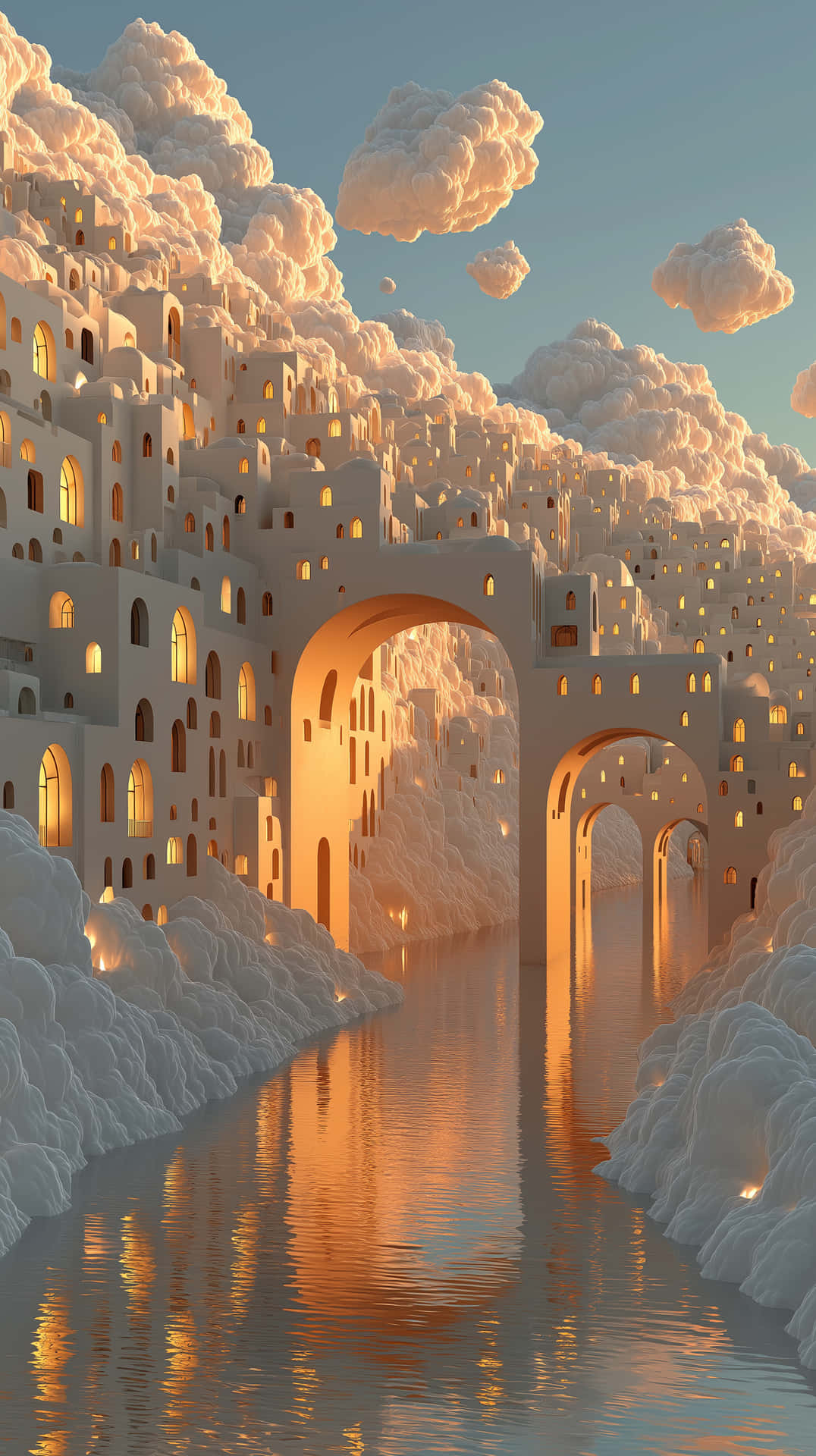 Sky Arches 壁紙 — 一個超現實的白色城市景觀，帶有發光的窗戶和拱門，漂浮在反射的水道上，下方是柔和的金色雲彩。