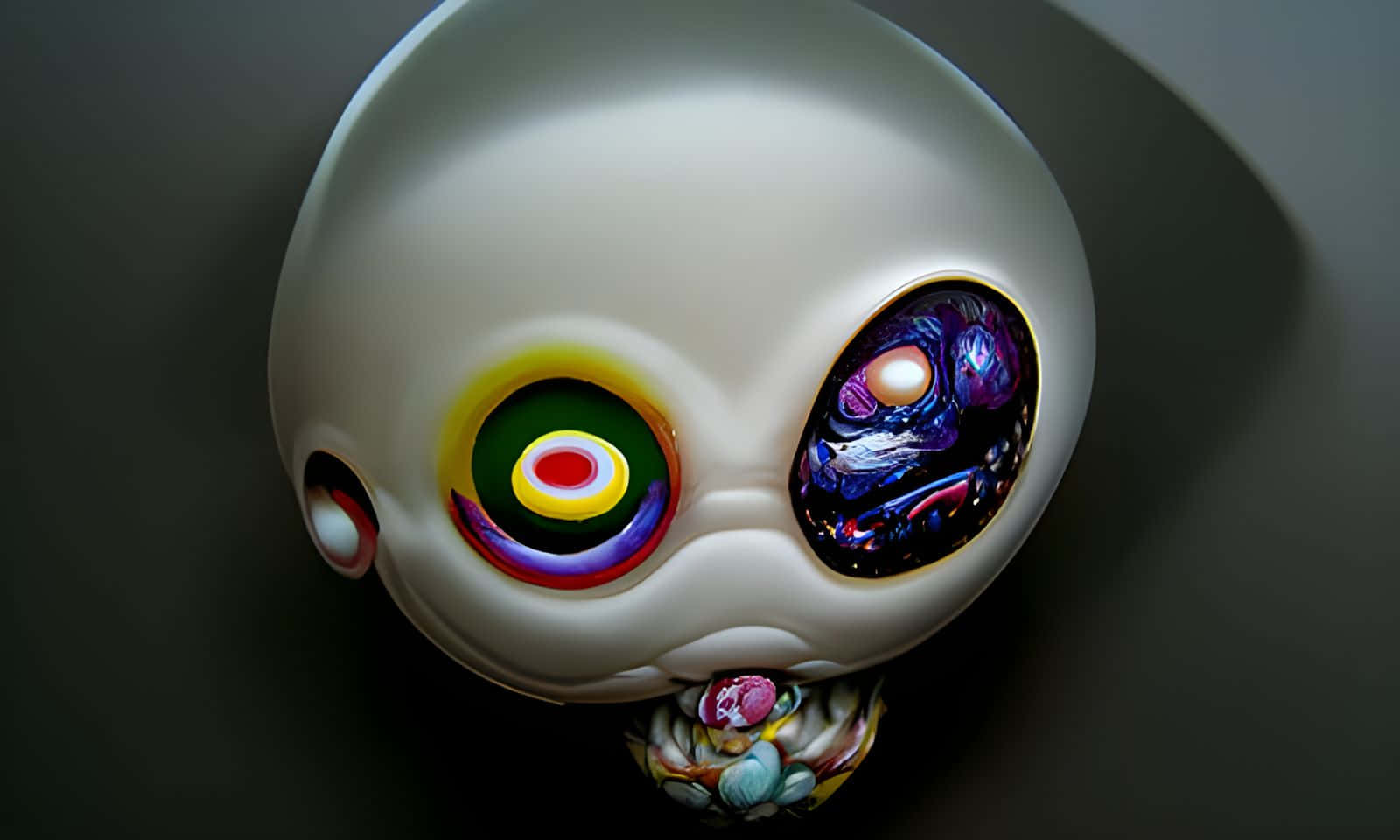 Japanese Pop Art 桌布 壁紙 — 一個超現實的白色外星人頭部，一隻眼睛是迷幻彩虹漩渦，另一隻是旋轉的宇宙星雲，背景為深色。
