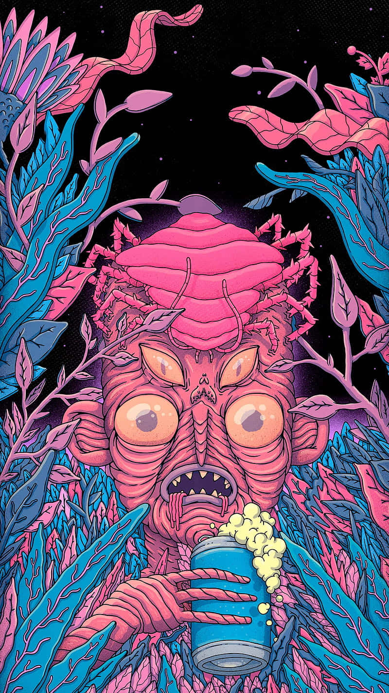 桌布 壁紙 — 一個超現實的粉紅色外星生物，眼睛突出，在星空下充滿活力的藍色和粉紅色外星植物中喝著汽水罐。