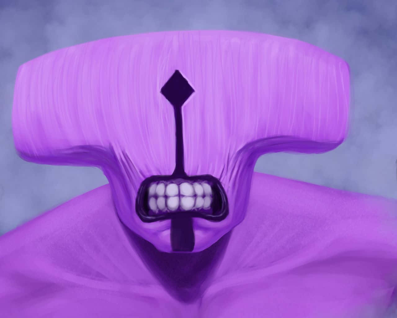 Faceless Void 桌布 壁紙 — 一個超現實的紫色人形人物，咧嘴大笑，黑色鑽石形鼻子，背景是煙霧灰。