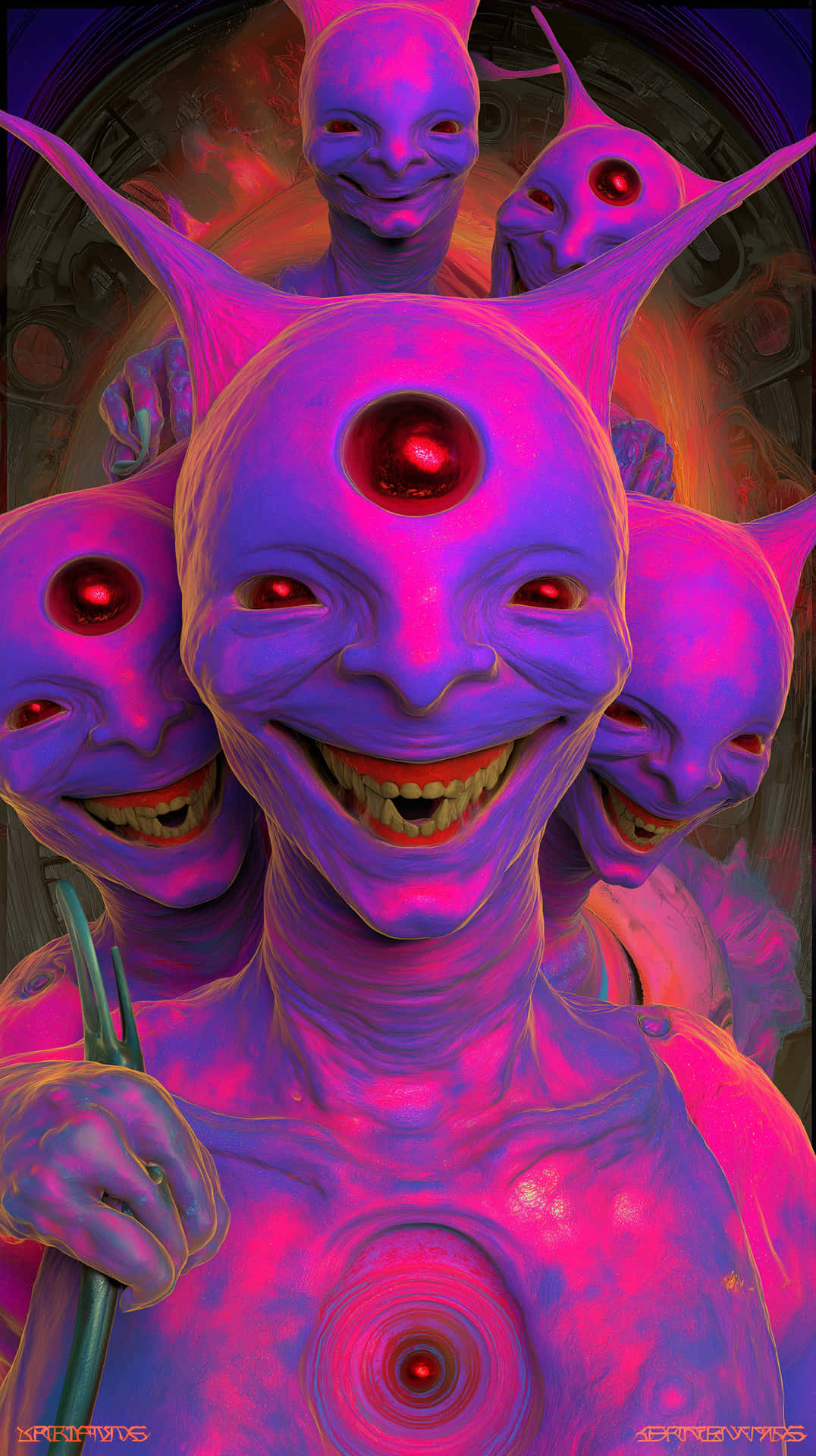 Otherworldly Figures with Intricate Facial Expressions 壁紙 — 一個超現實的紫色外星人，有著發光的紅色眼睛和多個微笑的臉，在旋轉的宇宙背景下拿著一根綠色法杖。