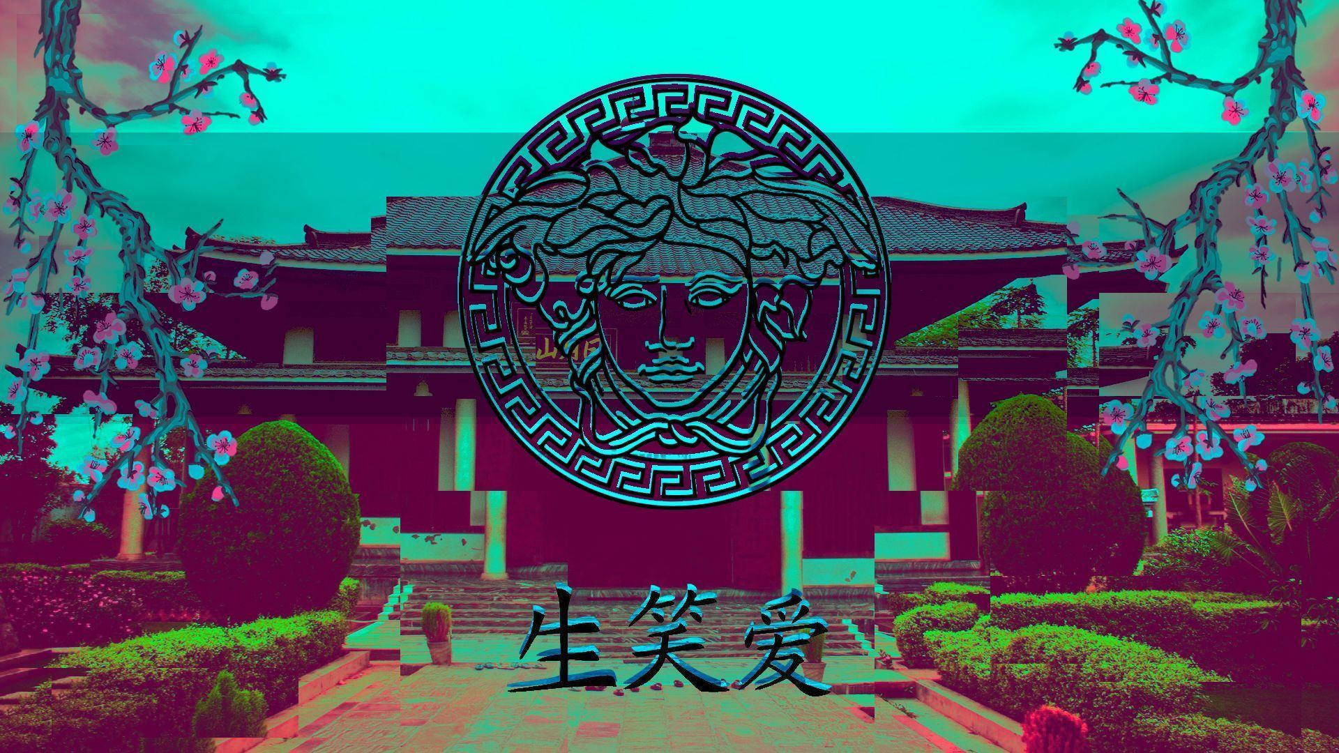 日本 桌布 壁紙 — 一個超現實的花園場景，傳統建築上覆蓋著巨大的美杜莎標誌和櫻花枝條，背景是青色天空。