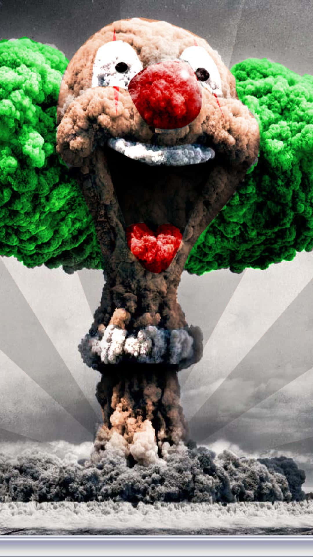 詭異的GIF 桌布 壁紙 — 一個超現實的蘑菇雲，形狀像一個尖叫的小丑，帶有綠色煙霧翅膀和嘴裡的紅色心形。