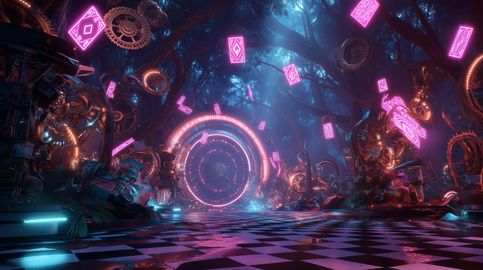 Fantastical Ruined Forest with Geometric Glow 壁紙 — 一個超現實的賽博朋克森林，發光的霓虹撲克牌和齒輪在扭曲的樹木之間漂浮，下方是棋盤格地板。