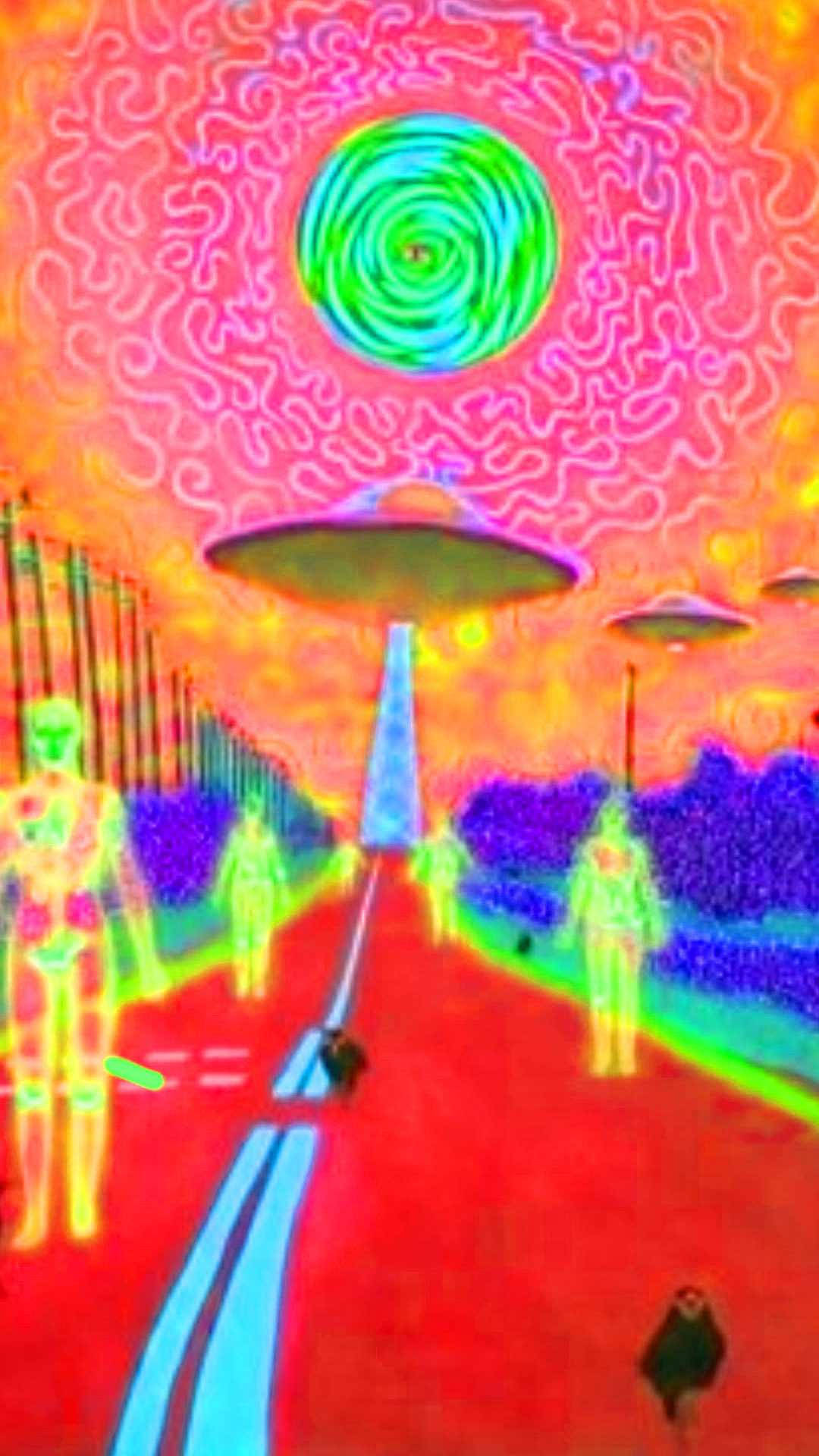 怪核 桌布 壁紙 — 一個超現實的迷幻場景，發光的人物在旋轉的霓虹天空下走向UFO。