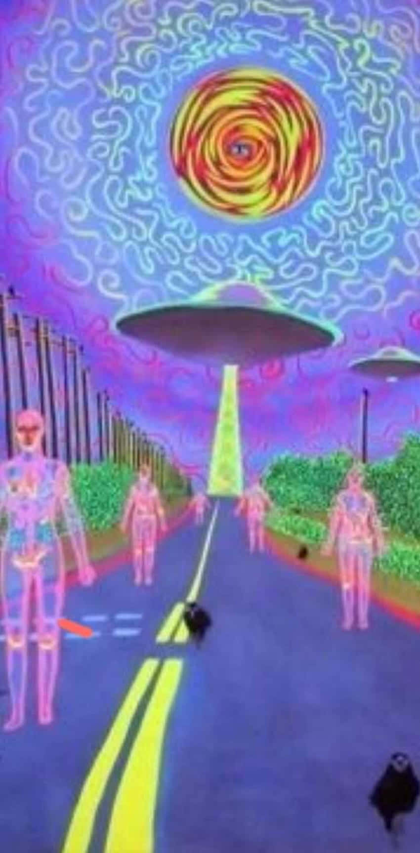 surreal 桌布 壁紙 — 一個超現實的迷幻道路場景，發光的外星人在旋轉的漩渦太陽下走向懸浮的UFO。