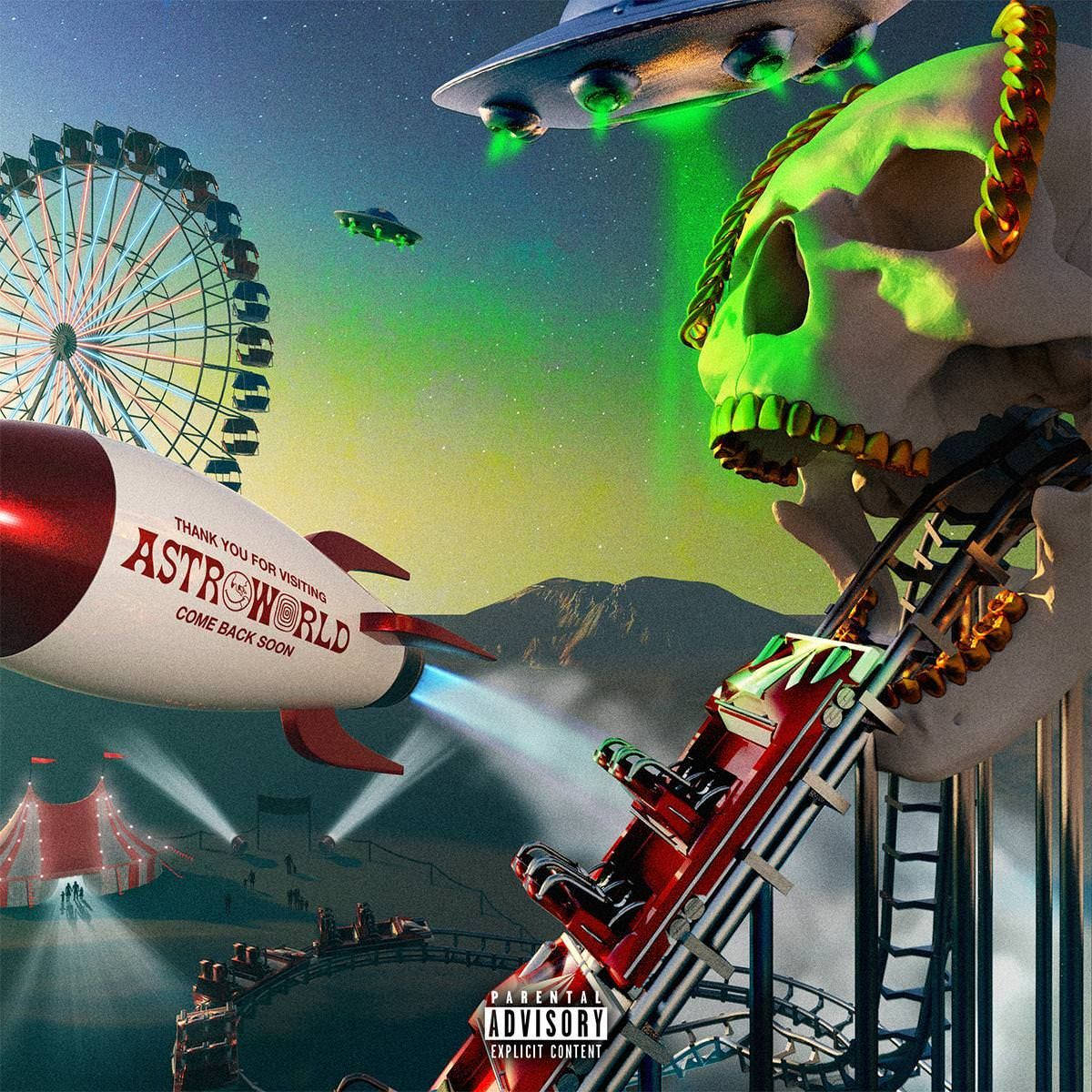 Astroworld 桌布 壁紙 — 一個超現實的遊樂園場景，有巨型骷髏雲霄飛車、UFO 和一枚寫著「感謝您參觀 AstroWorld」的火箭。