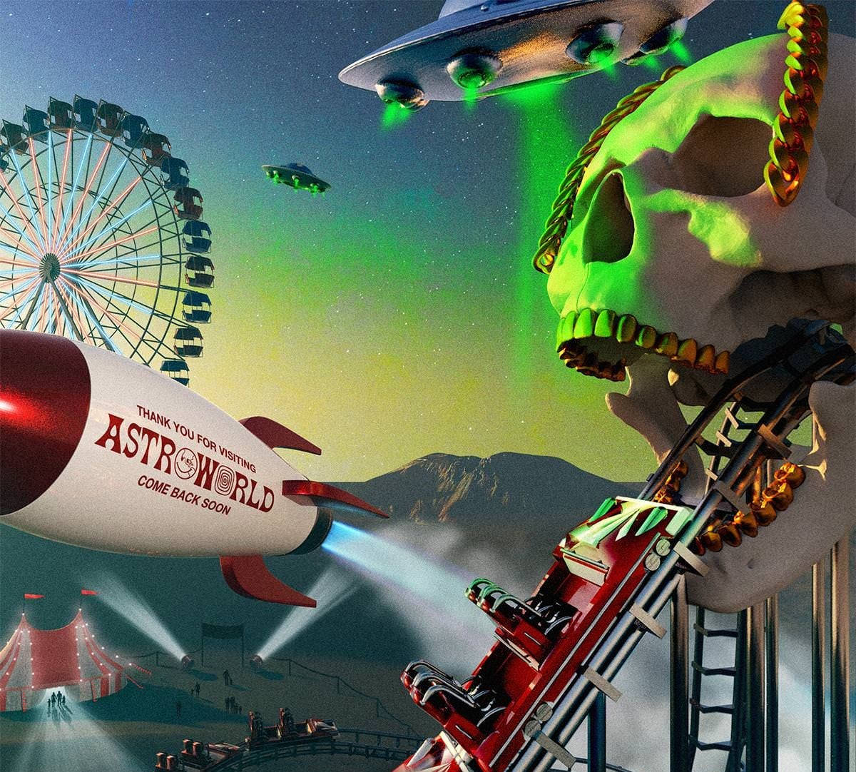 Astroworld 桌布 壁紙 — 一個超現實的遊樂園場景，有巨大的骷髏雲霄飛車、UFO和火箭船，在發光的綠色天空下。