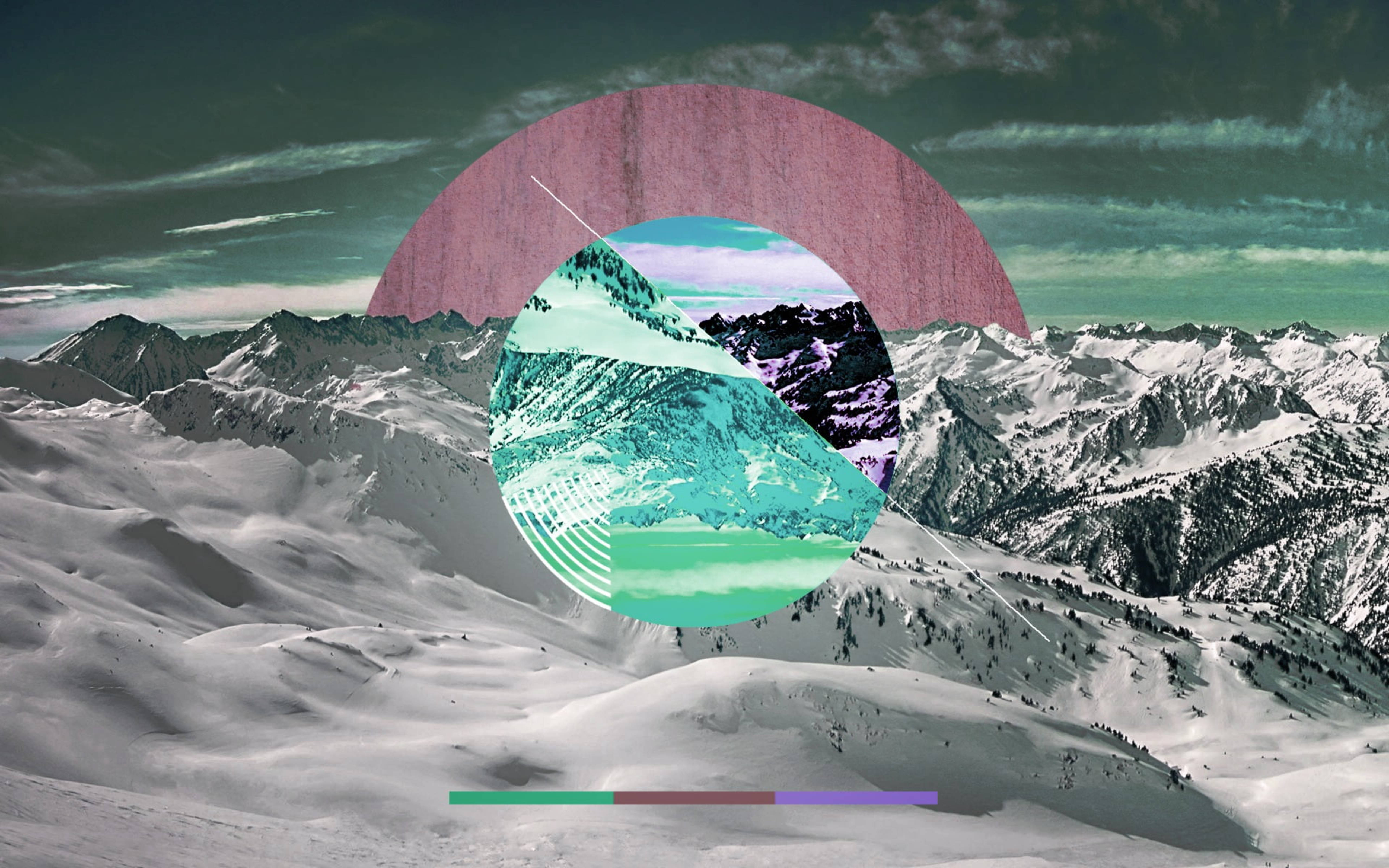 Polyscape 桌布 壁紙 — 一個超現實的雪山景觀，一個大粉紅色圓圈框住充滿活力的藍綠色和紫色山峰倒影。
