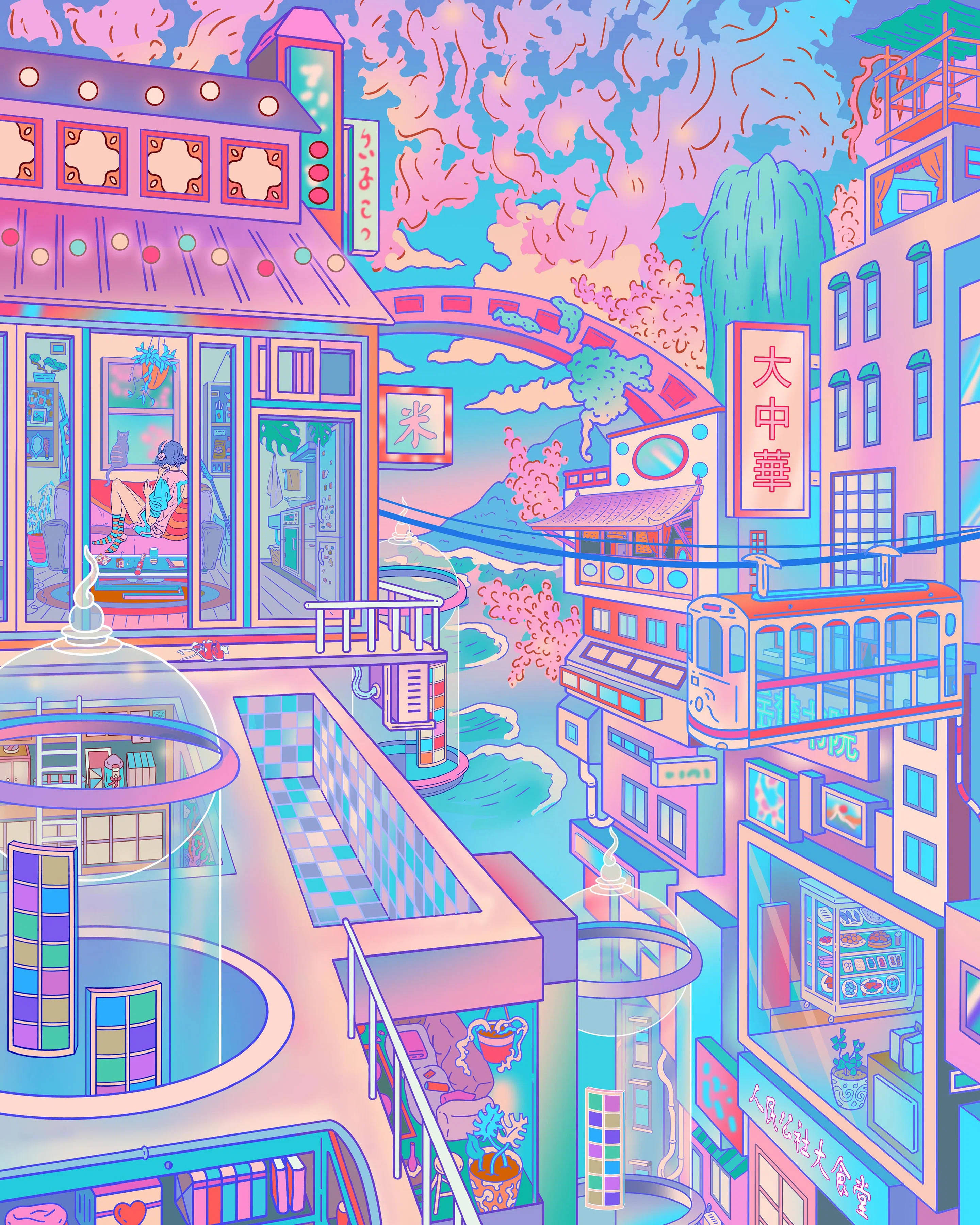 pastel 桌布 壁紙 — 一個超現實的霓虹燈城市景觀，有漂浮的建築物和充滿活力的粉紅色、藍色和紫色色調。