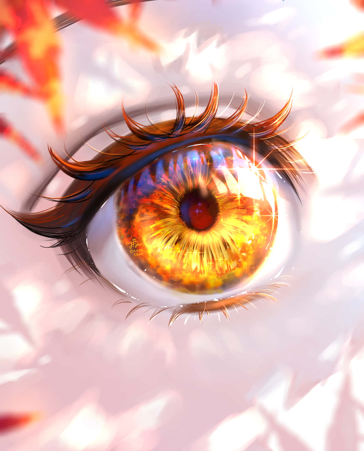 Eye 桌布 壁紙 — 一個超精細的動漫眼睛，帶有火熱的橙色虹膜和發光的閃爍，周圍環繞著柔和的粉紅色和白色散景。