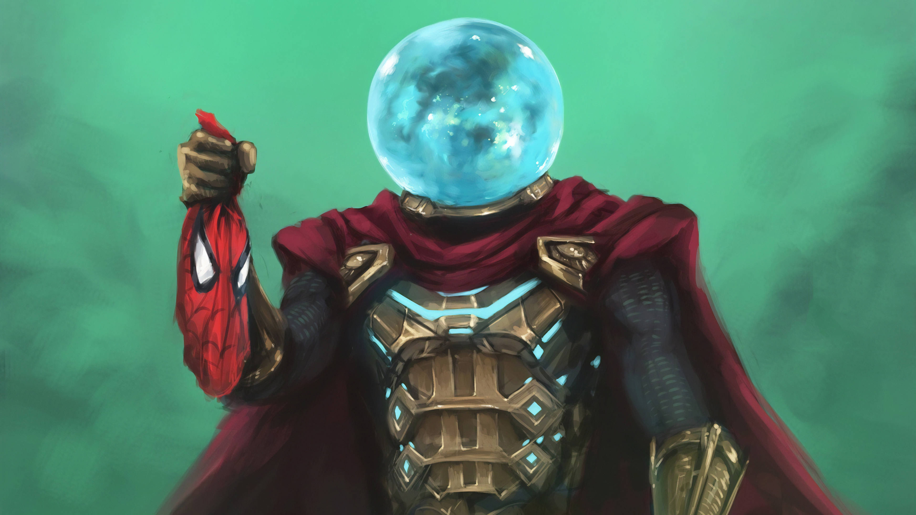 Mysterio 桌布 壁紙 — 一個超級英雄，頭部是發光的藍色球體，披著紅色斗篷，在青綠色背景上拿著一個被壓碎的蜘蛛人面具。