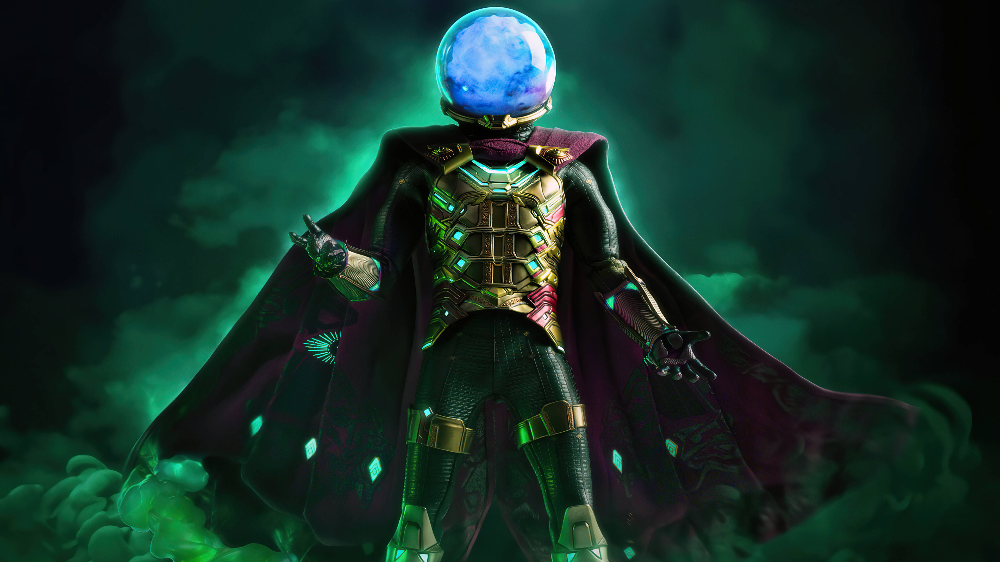 Mysterio 桌布 壁紙 — 一個超級英雄，頭部是發光的藍色球體，身穿金色盔甲，站在綠色迷霧中，披著飄逸的紫色斗篷。