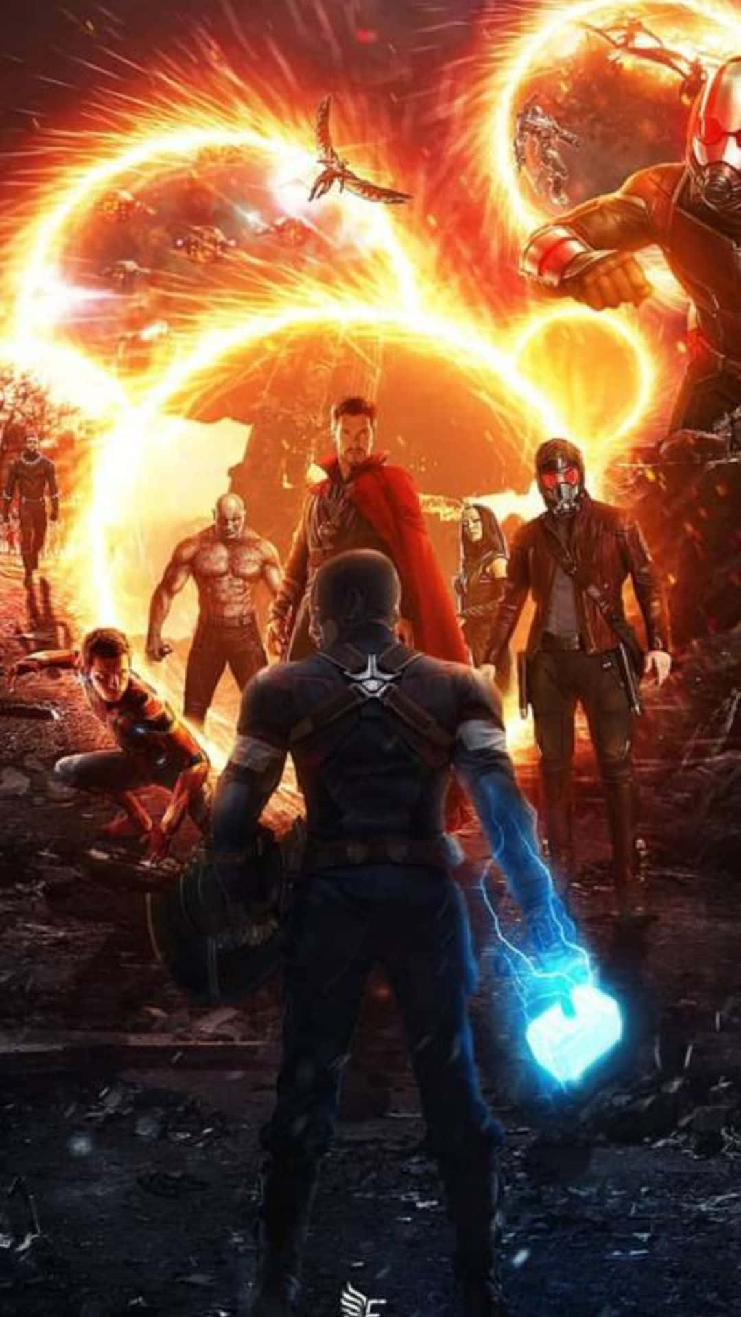 Avengers Endgame iPhone 桌布 壁紙 — 一個超級英雄團隊勇敢地站在一個燃燒的宇宙傳送門前，一個巨大的身影在熾熱的背景中隱現。
