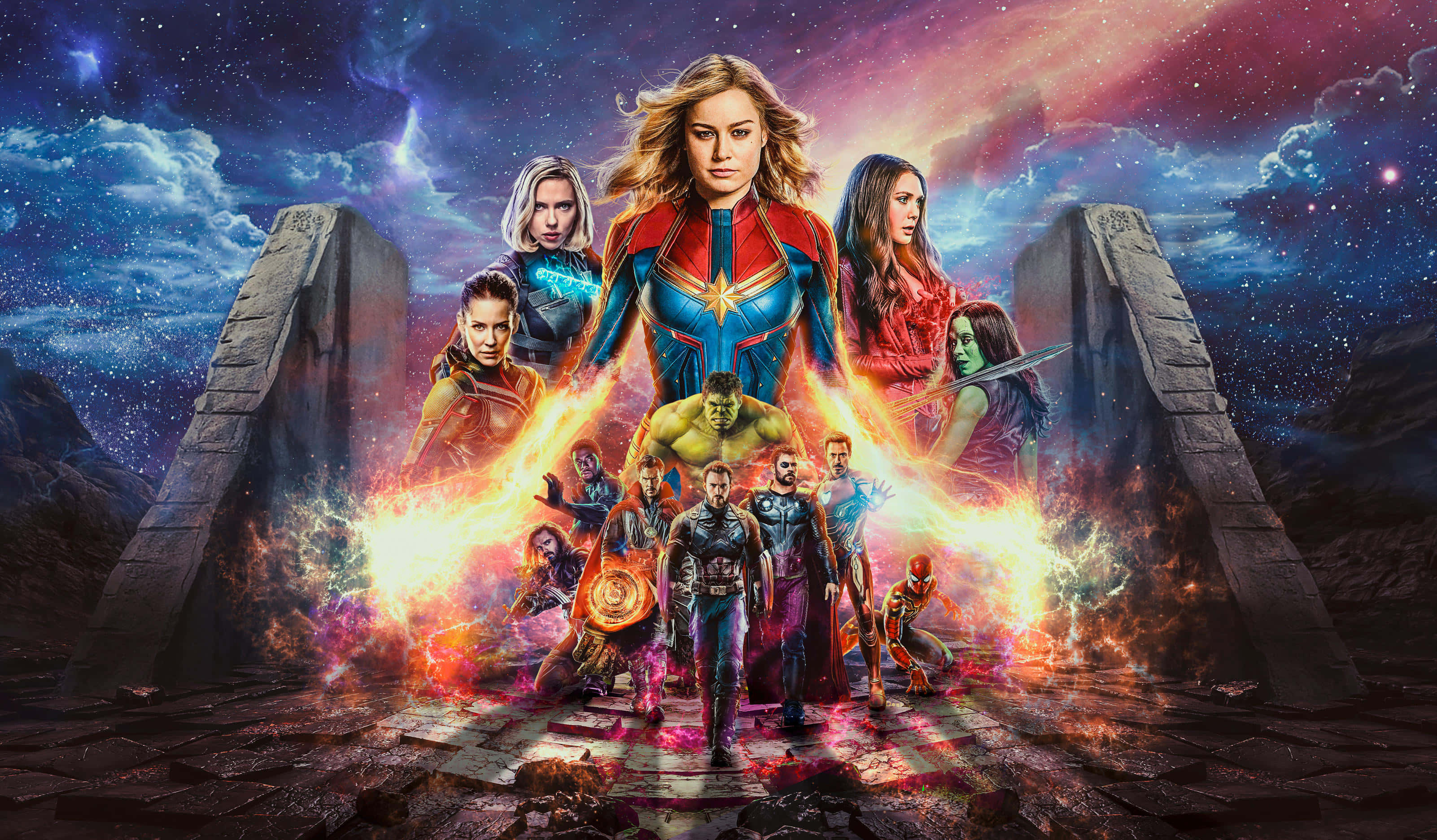 brie larson 桌布 壁紙 — 一個超級英雄團隊英勇地站在古老的石柱之間，上方是充滿星星和閃電的宇宙天空。