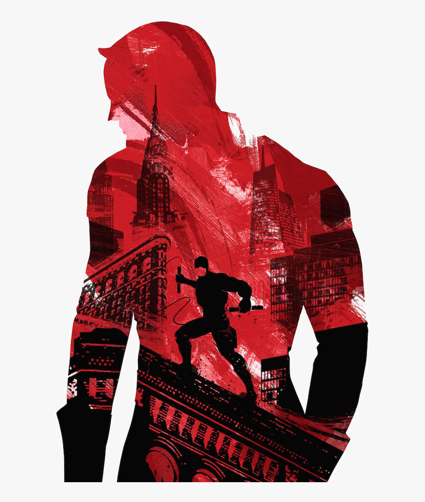 Marvel Aesthetic 桌布 壁紙 — 一個超級英雄的紅色剪影，內有城市景觀和一個較小的人物在其形態內擺動。