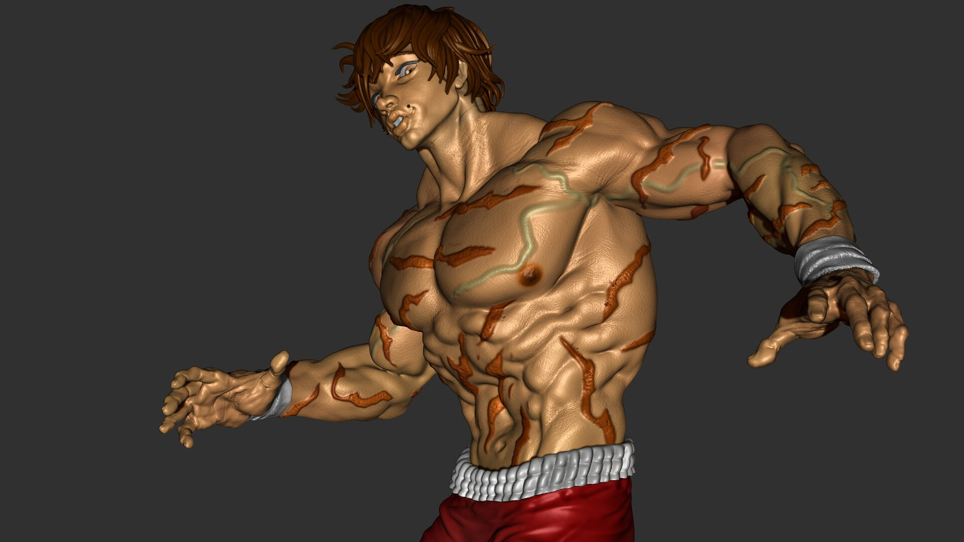 Baki 桌布 壁紙 — 一個超肌肉型動漫風格男性戰士，棕色頭髮，軀幹上有橙色靜脈狀紋路，在深灰色背景前擺出動態姿勢。