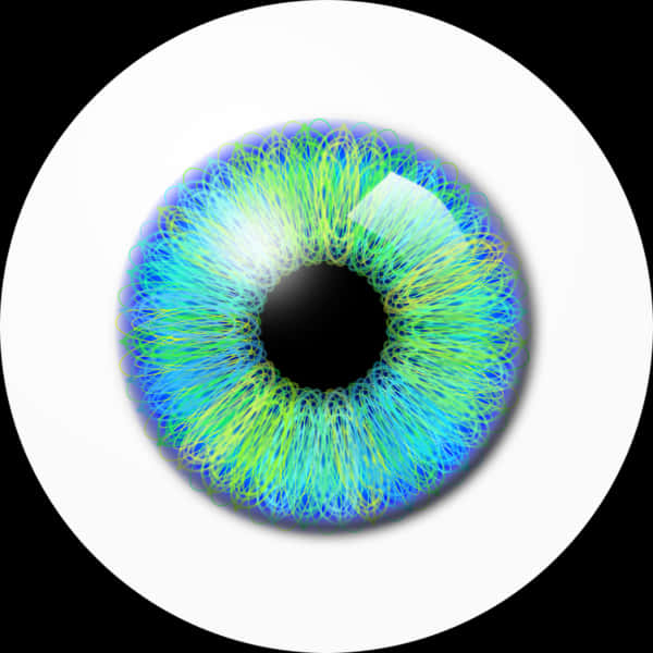 Eyes Lens 桌布 壁紙 — 一個超逼真的數位眼睛，帶有電光藍和霓虹綠的虹膜纖維，在黑色背景上的一個銳利白色圓圈中發光。