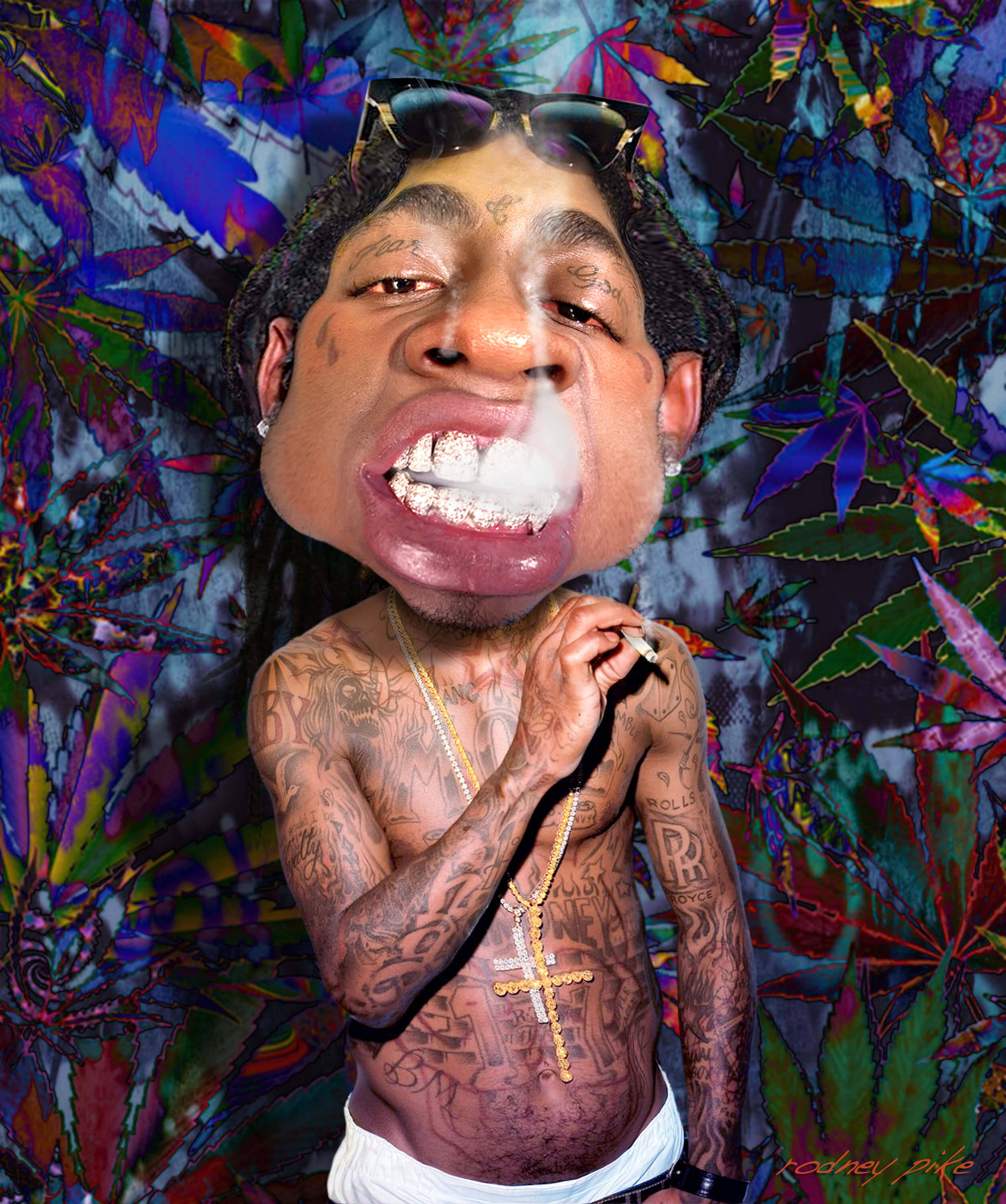 Lil Wayne 桌布 壁紙 — 一個超風格化的刺青男子肖像，在迷幻的大麻葉背景下呼出煙霧。
