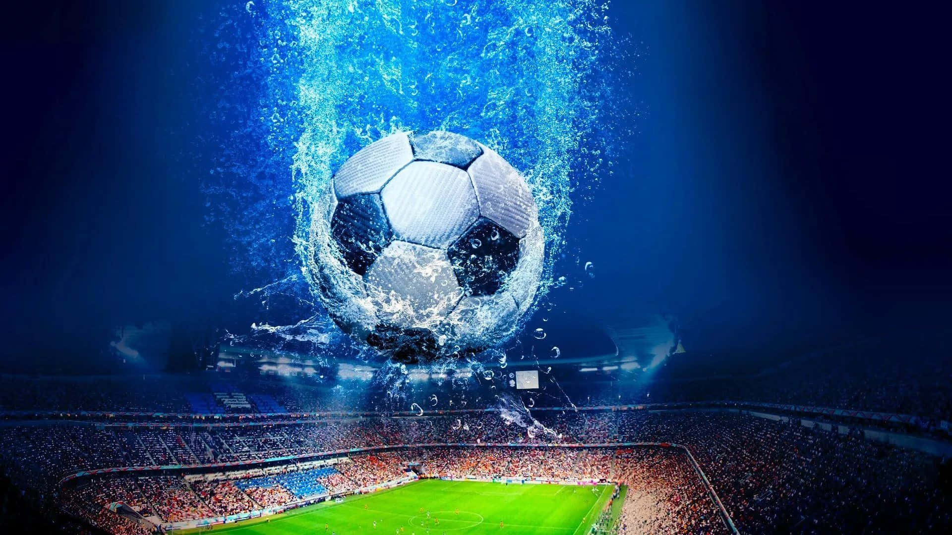 Soccer Ball 桌布 壁紙 — 一個足球在戲劇性的藍色燈光下，衝破水面上方一個擠滿人的體育場。