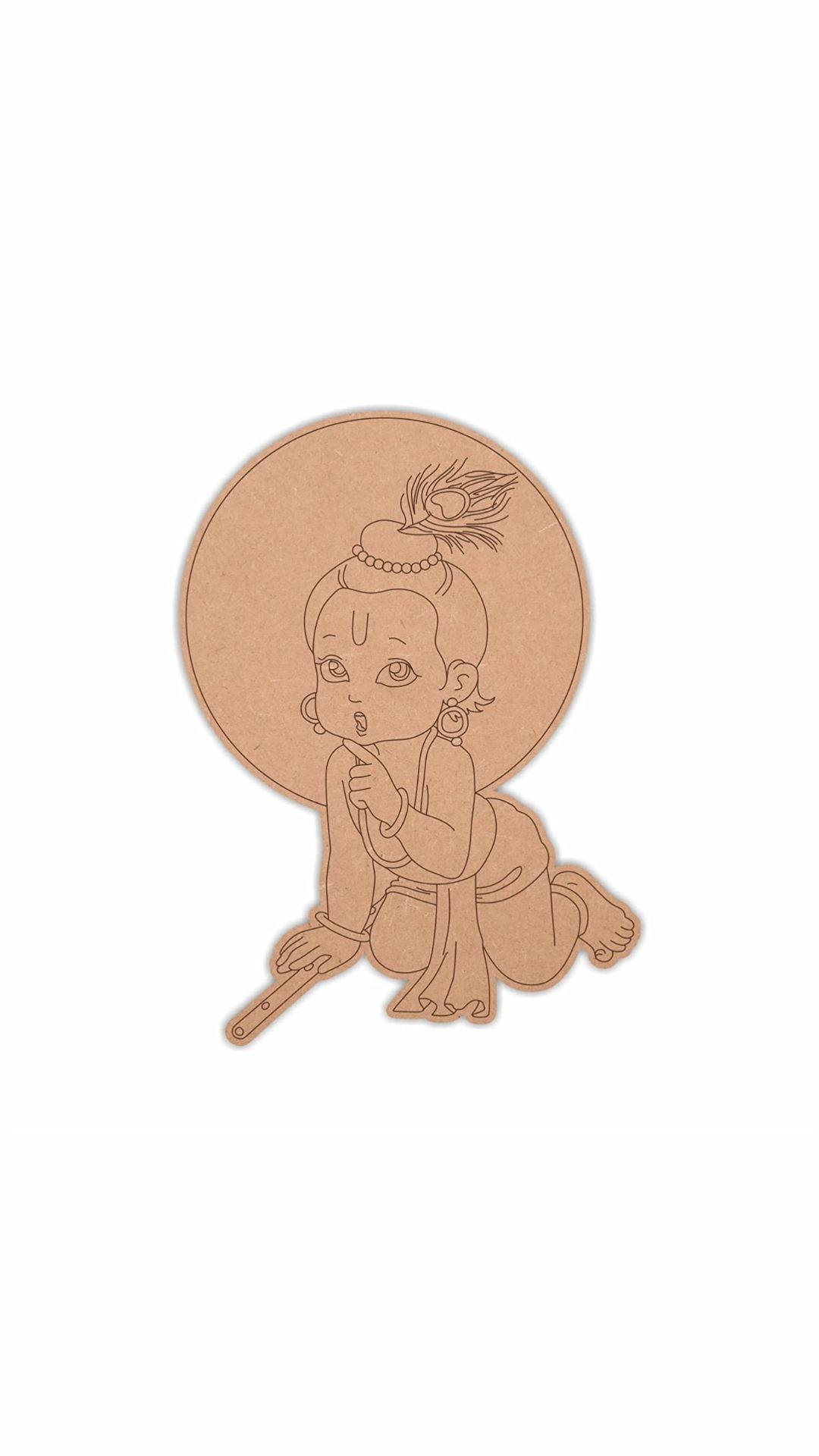 cute krishna 桌布 壁紙 — 一個跪著的孩子，戴著羽毛頭飾，手持權杖，背景為圓形，極簡線條藝術插圖。