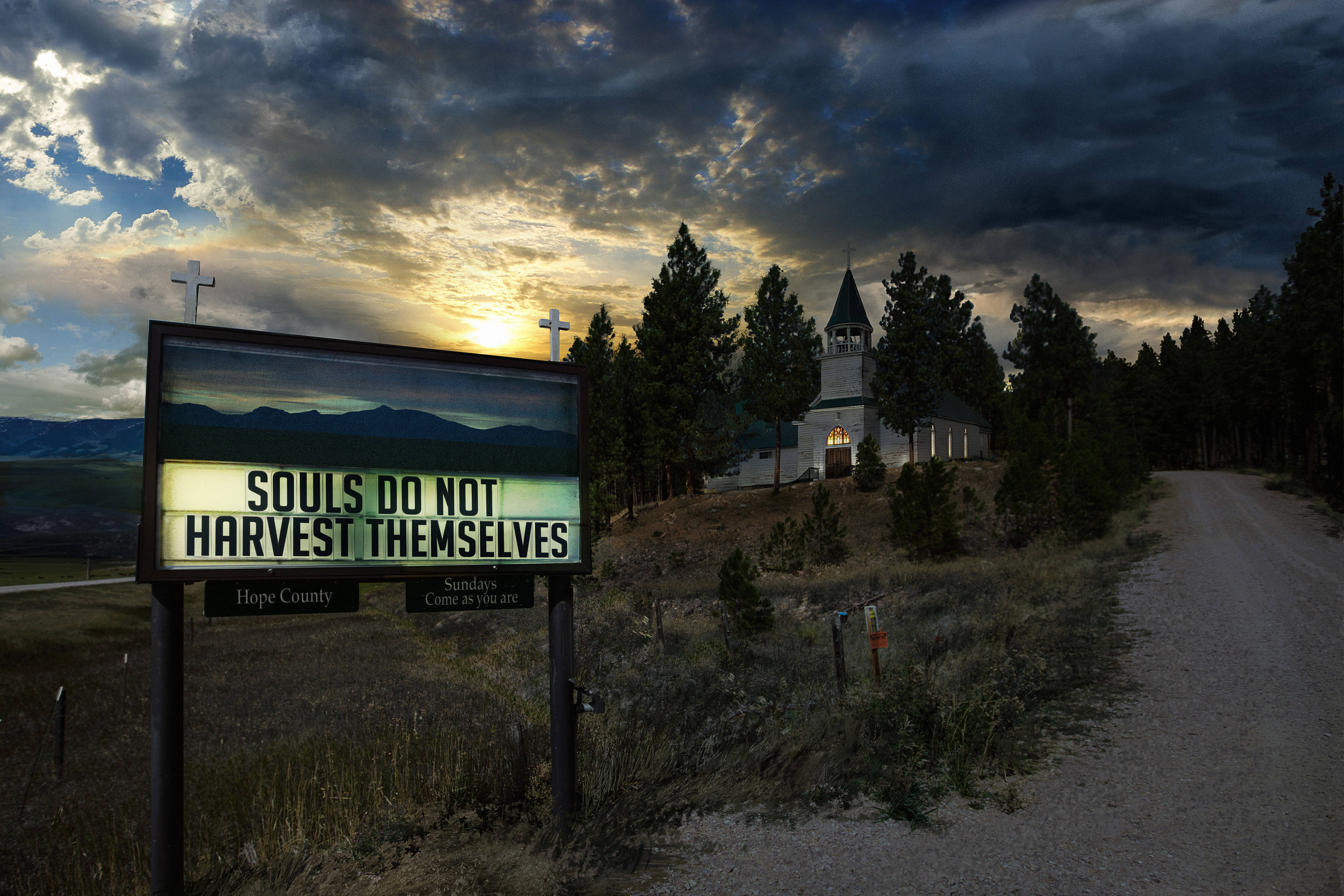 Far Cry 5 桌布 壁紙 — 一個路邊標語寫著靈魂不會自己收割，矗立在一座教堂前，背景是戲劇性的暮色天空。