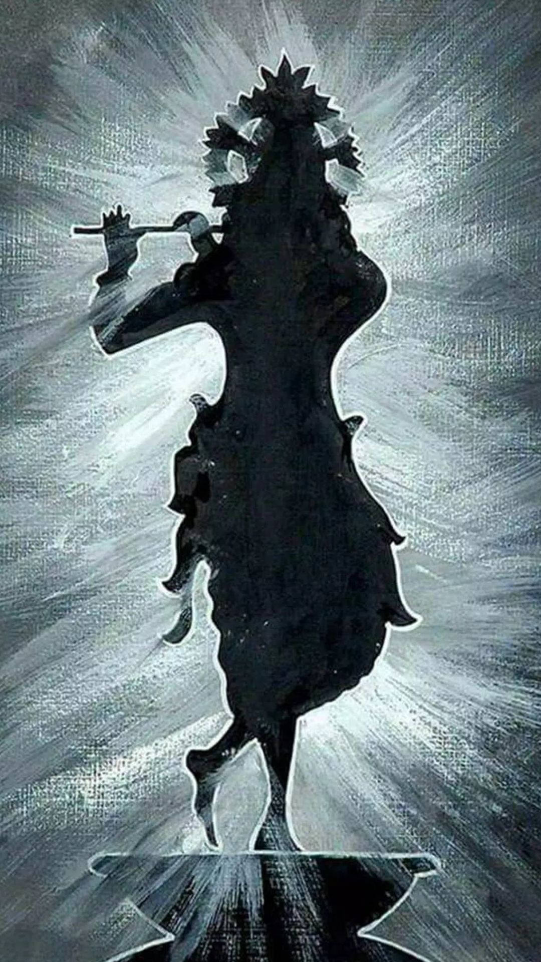 桌布 壁紙 — 一個跳舞的人物在閃爍的銀色紋理背景前吹奏長笛的戲劇性黑色剪影。