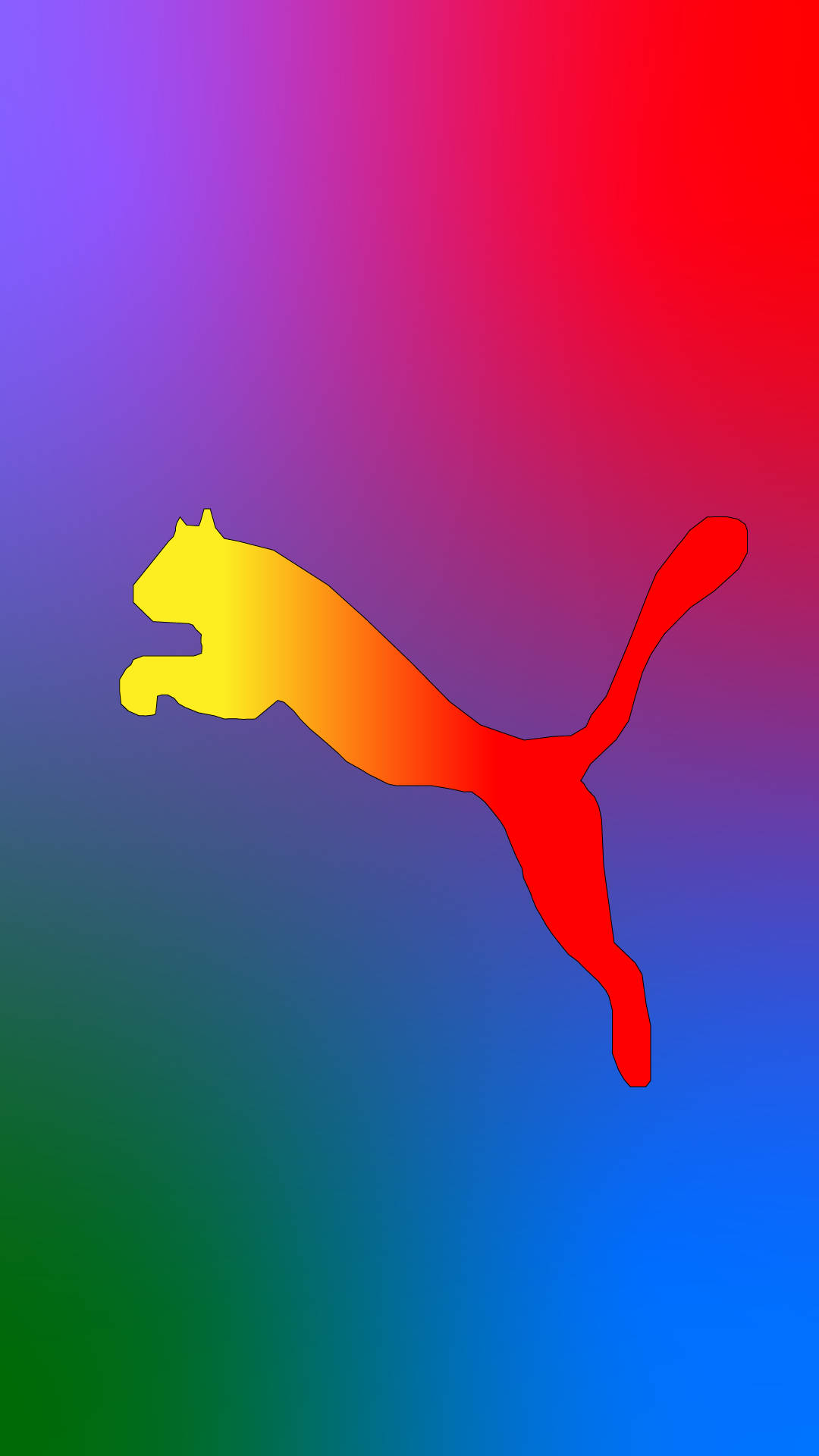 Puma 桌布 壁紙 — 一個跳躍的美洲獅剪影，填充彩虹漸變，背景為平滑的多色背景。
