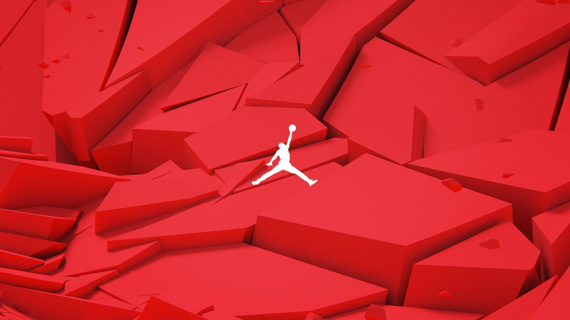 Air Jordan 桌布 壁紙 — 一個跳躍籃球運動員的白色剪影站在鋸齒狀的紅色幾何碎片上。