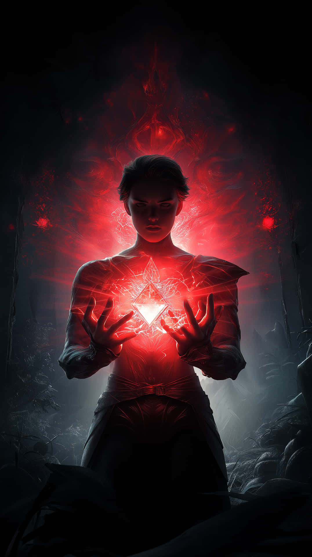 Potent Sorcerer Unleashing Raw Arcane Power 壁紙 — 一個身影在陰影中跪著，手持一個發光的紅色三角形神器，放射性能量從他們的胸口脈動，背景是黑暗神秘的。