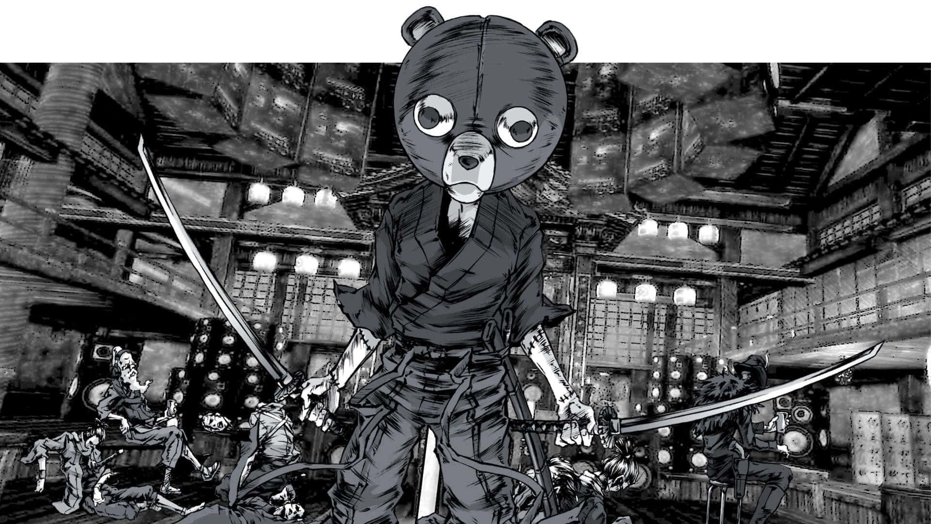 Afro Samurai 桌布 壁紙 — 一個身穿傳統長袍的巨型熊頭武士，在昏暗的木製大廳中，在倒下的敵人之間揮舞著兩把劍。