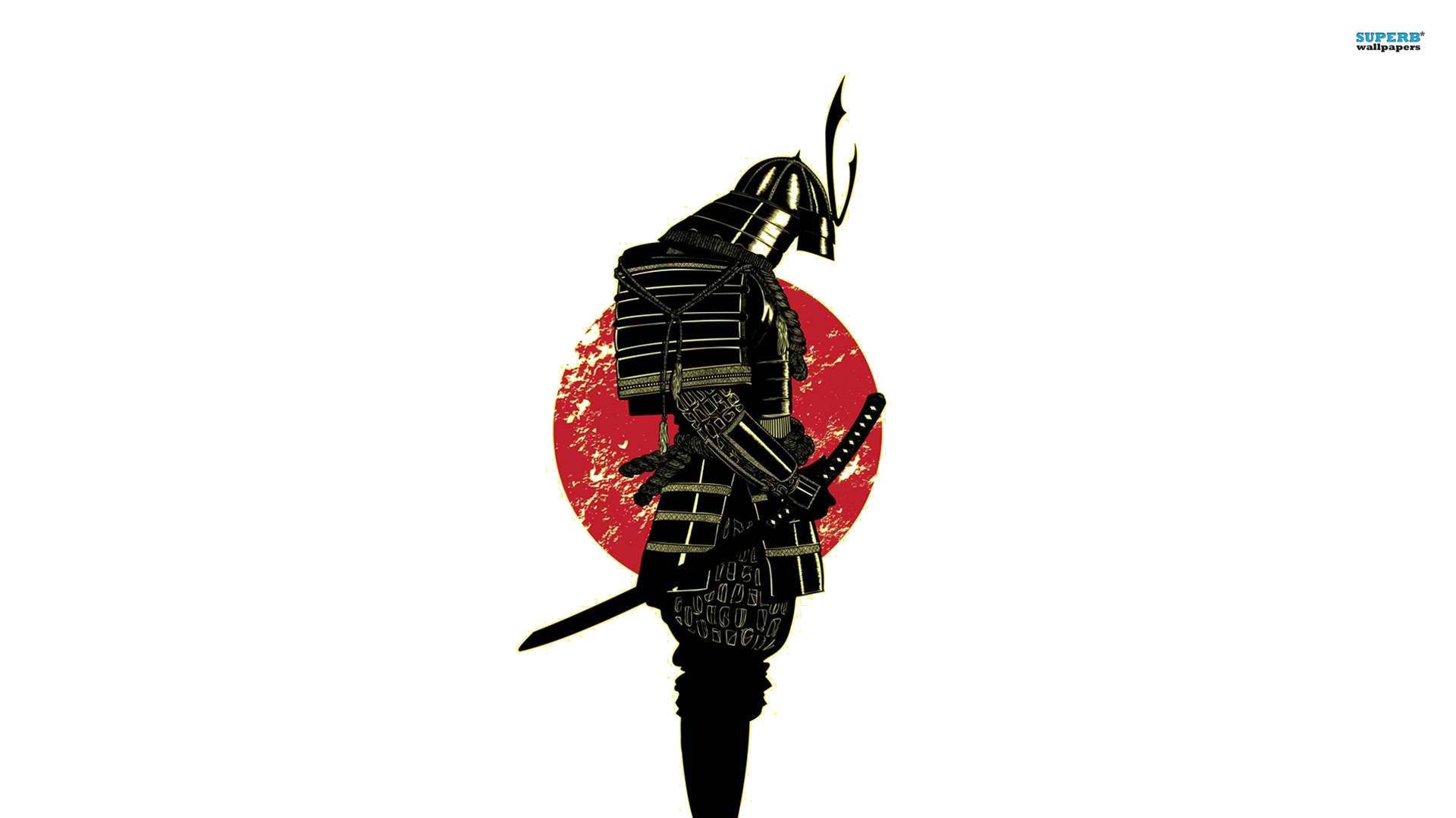 Seppuku 桌布 壁紙 — 一個身穿全副盔甲的武士戰士的鮮明黑色剪影，站在帶有紋理的紅色圓形背景前。