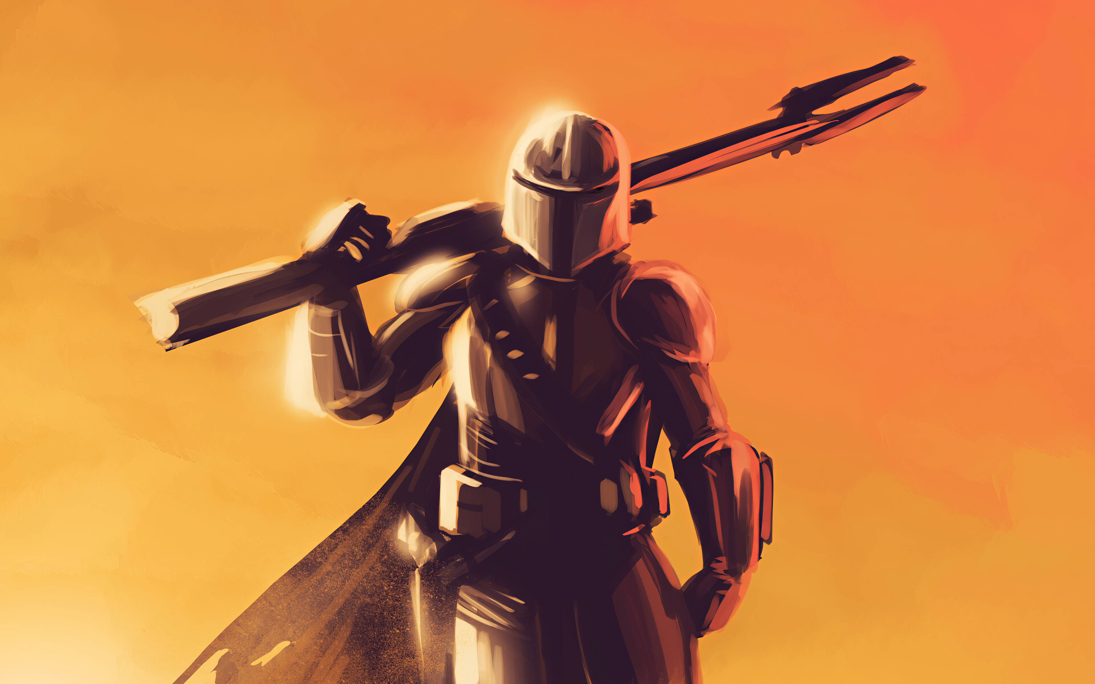 Mandalorian 桌布 壁紙 — 一個身穿全套盔甲的曼達洛戰士，肩上扛著一把爆能步槍，背景是發光的橙色日落天空。