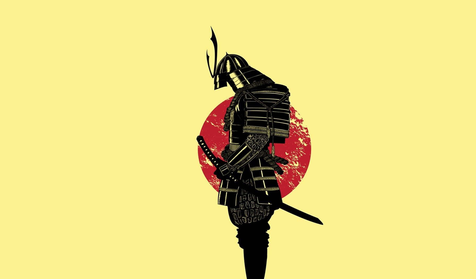 Samurai Warrior 桌布 壁紙 — 一個身穿全套盔甲的武士黑色剪影，站在淡黃色背景上一個帶紋理的紅色圓圈前。