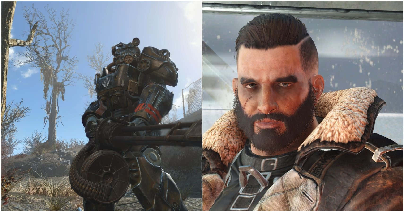Fallout Brotherhood Of Steel 桌布 壁紙 — 一個身穿動力裝甲的廢土戰士站在一個留著鬍子、穿著毛領外套的粗獷男人旁邊，背景是晴朗的藍天。