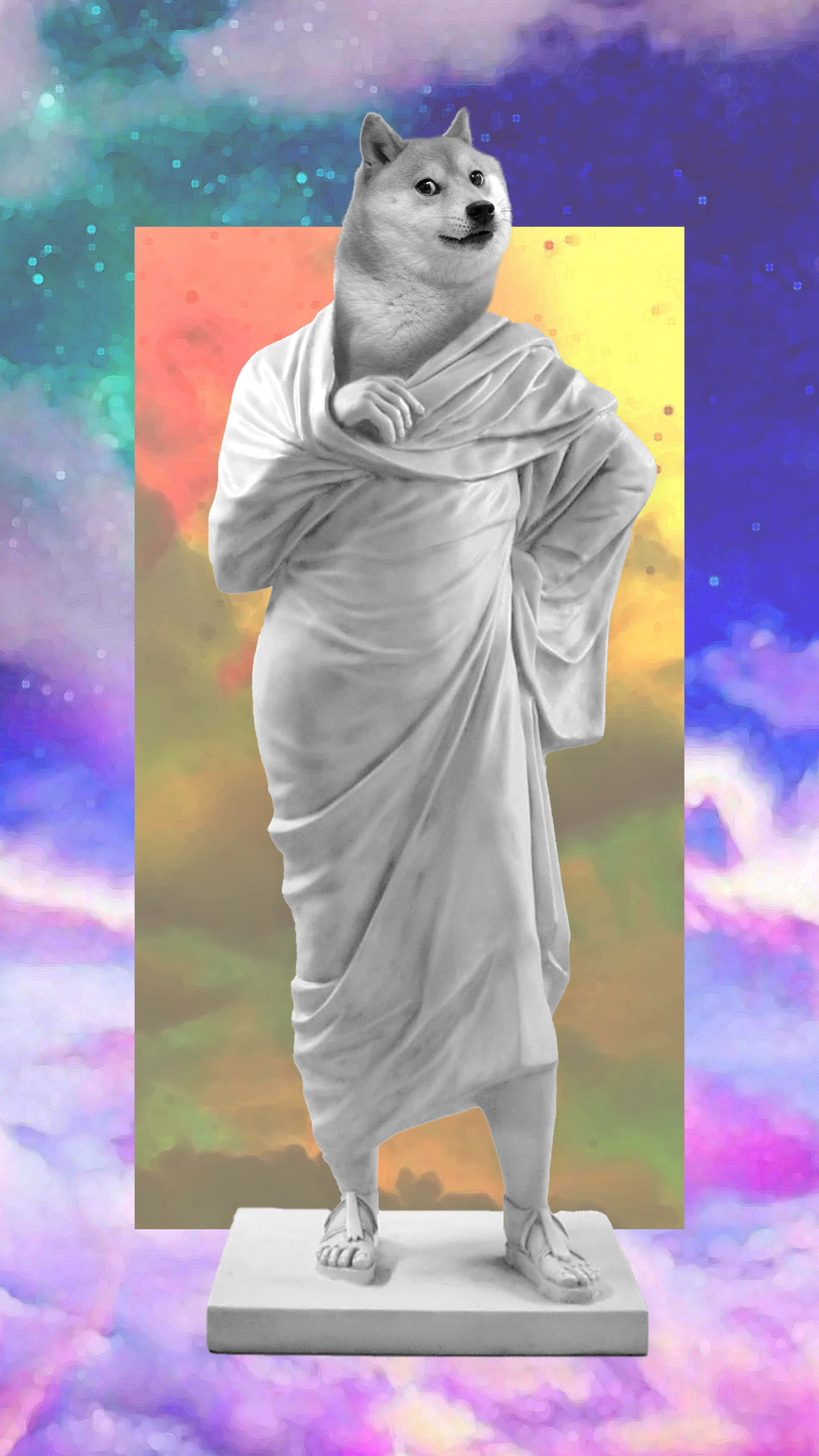 Vaporwave 桌布 壁紙 — 一個身穿古典長袍的狗狗雕像，站在充滿星形漸變的鮮豔宇宙星雲背景前。