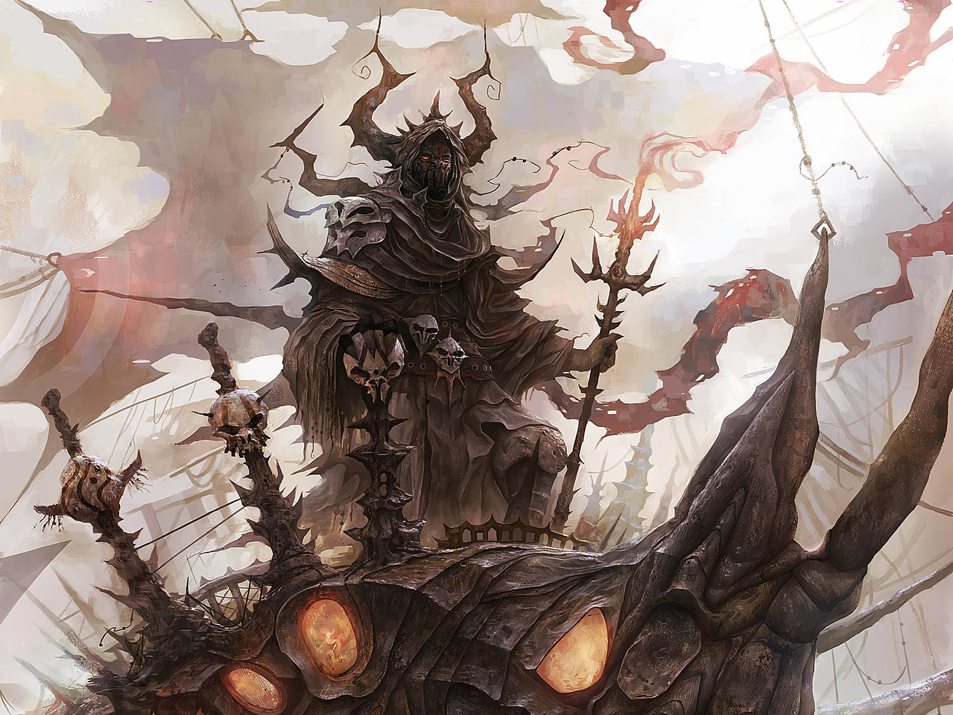 horns 桌布 壁紙 — 一個身穿尖刺盔甲、手持火焰三叉戟的黑暗兜帽身影，站在一隻擁有發光眼睛的怪物般的生物上，背景是暴風雨的天空。