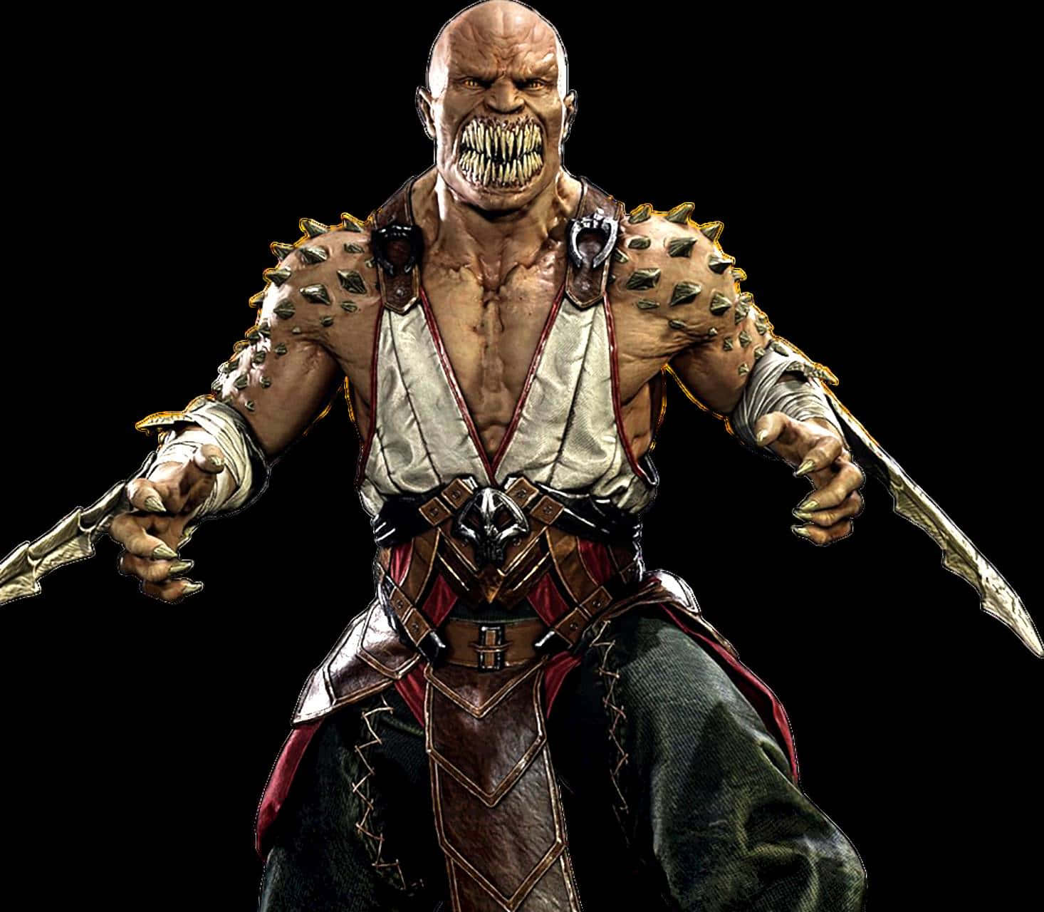 Mortal Kombat Baraka 桌布 壁紙 — 一個身穿尖刺盔甲、手持雙刃的可怕光頭戰士在黑色背景上兇猛咆哮。
