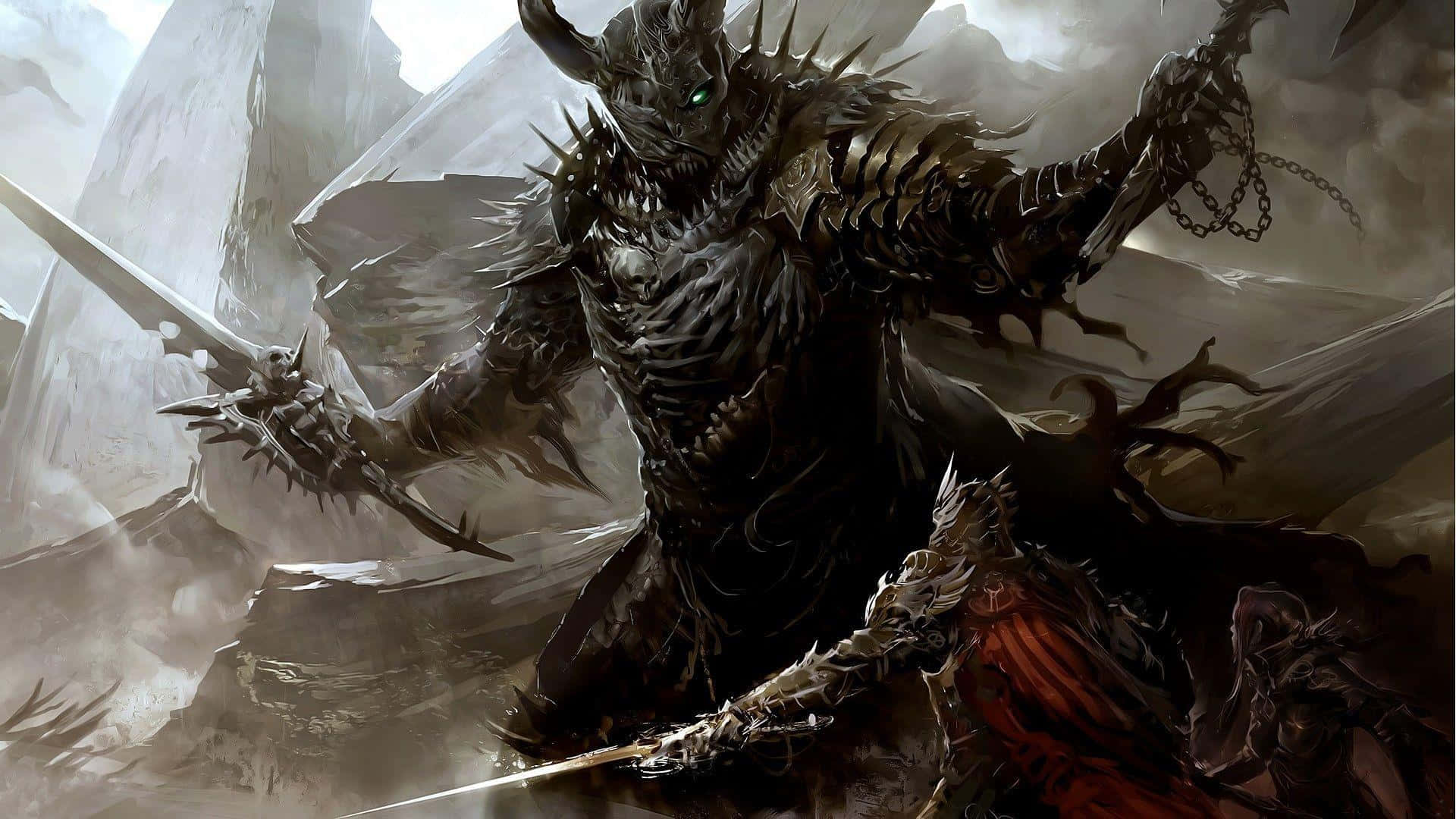 Cool Demon 桌布 壁紙 — 一個身穿尖刺盔甲、眼睛發出綠光的巨大惡魔戰士，在破碎霧氣瀰漫的廢墟中，揮舞鎖鏈和劍對抗一名倒下的騎士。