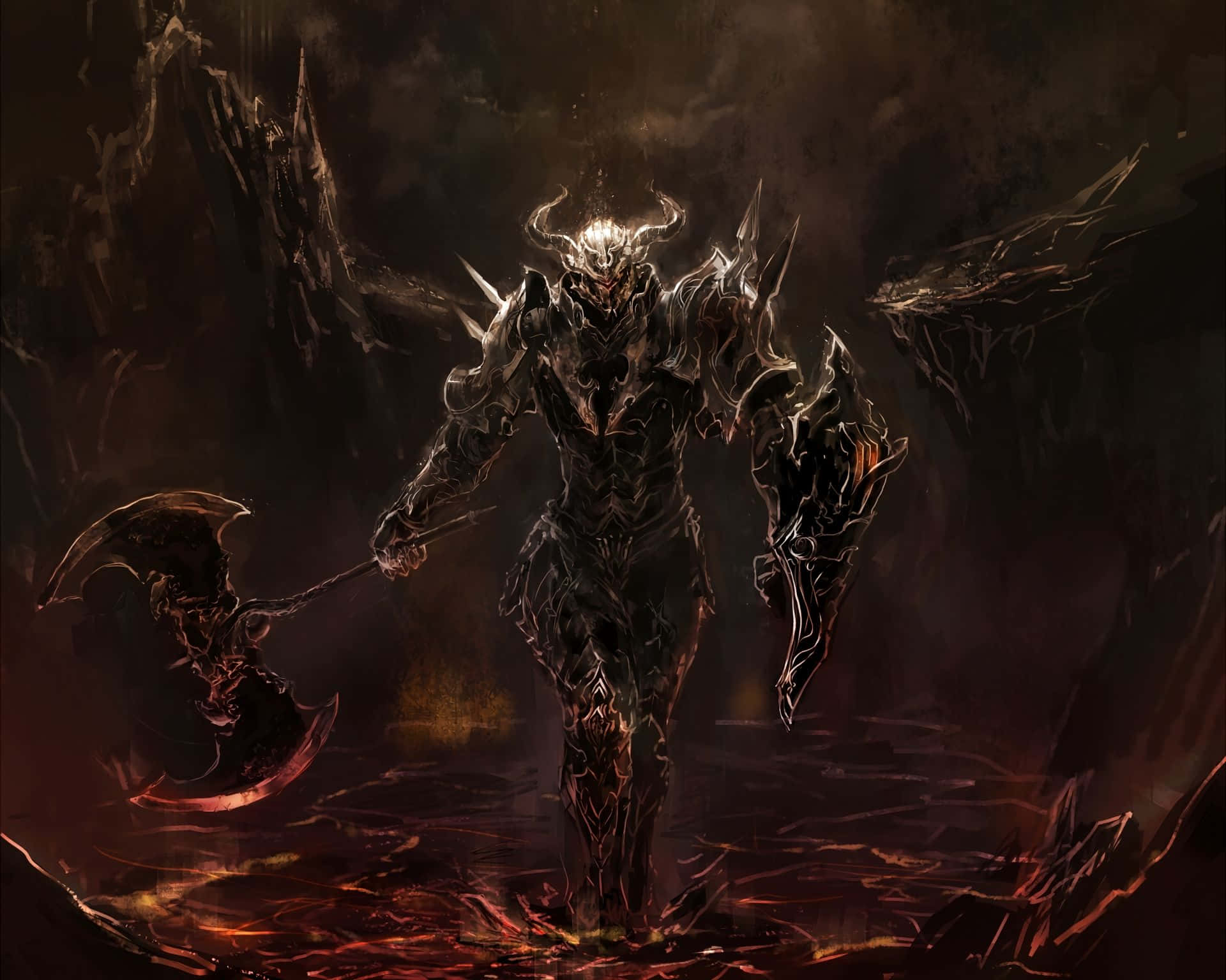 惡魔動圖 桌布 壁紙 — 一個身穿尖刺盔甲的可怕有角惡魔，在黑暗的洞穴中手持巨斧涉過發光的熔岩。