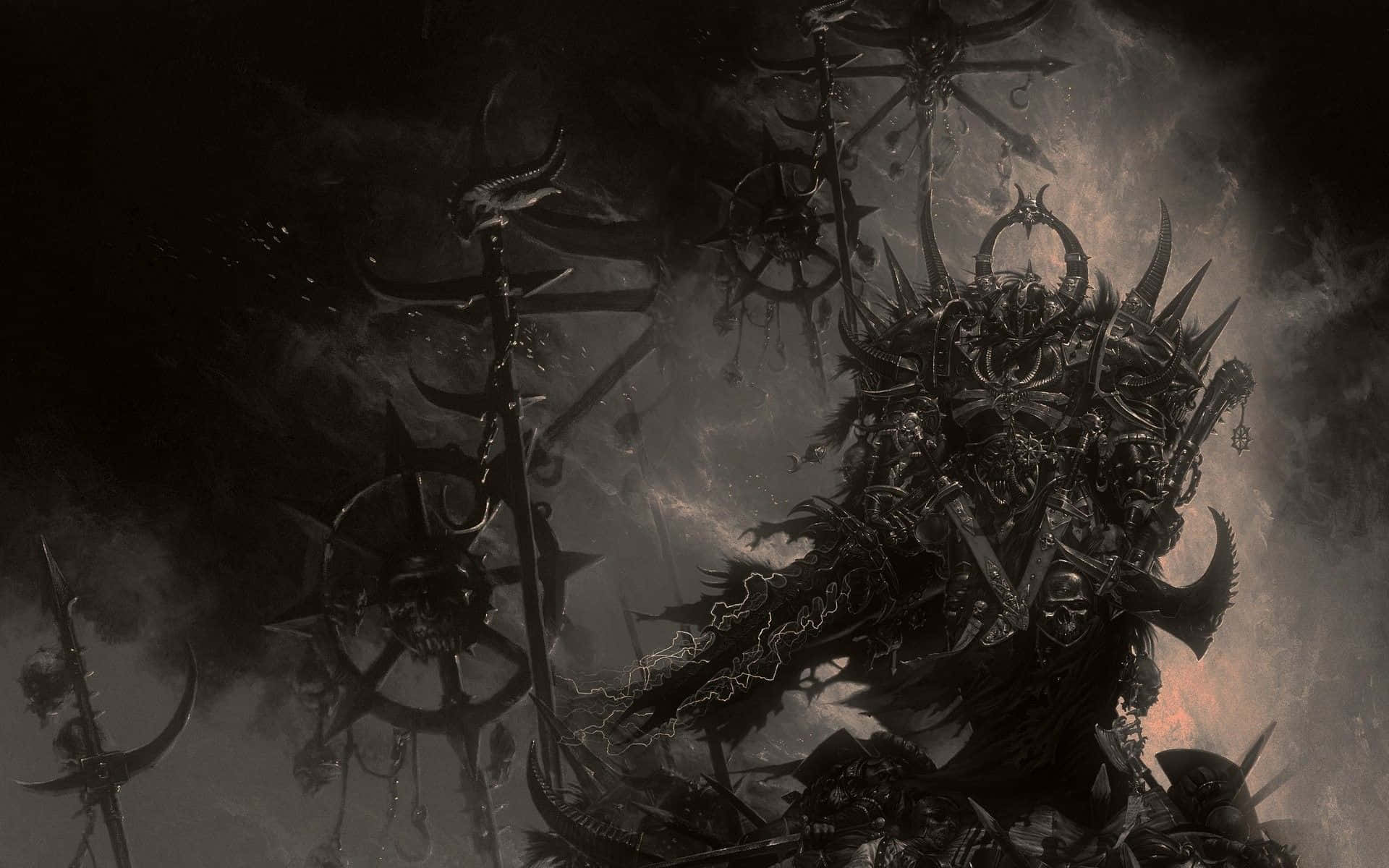 Dark War 桌布 壁紙 — 一個身穿尖刺盔甲的惡魔 warlord 在風暴虛空中揮舞著刻有閃電的武器，周圍漂浮著被詛咒的機械。