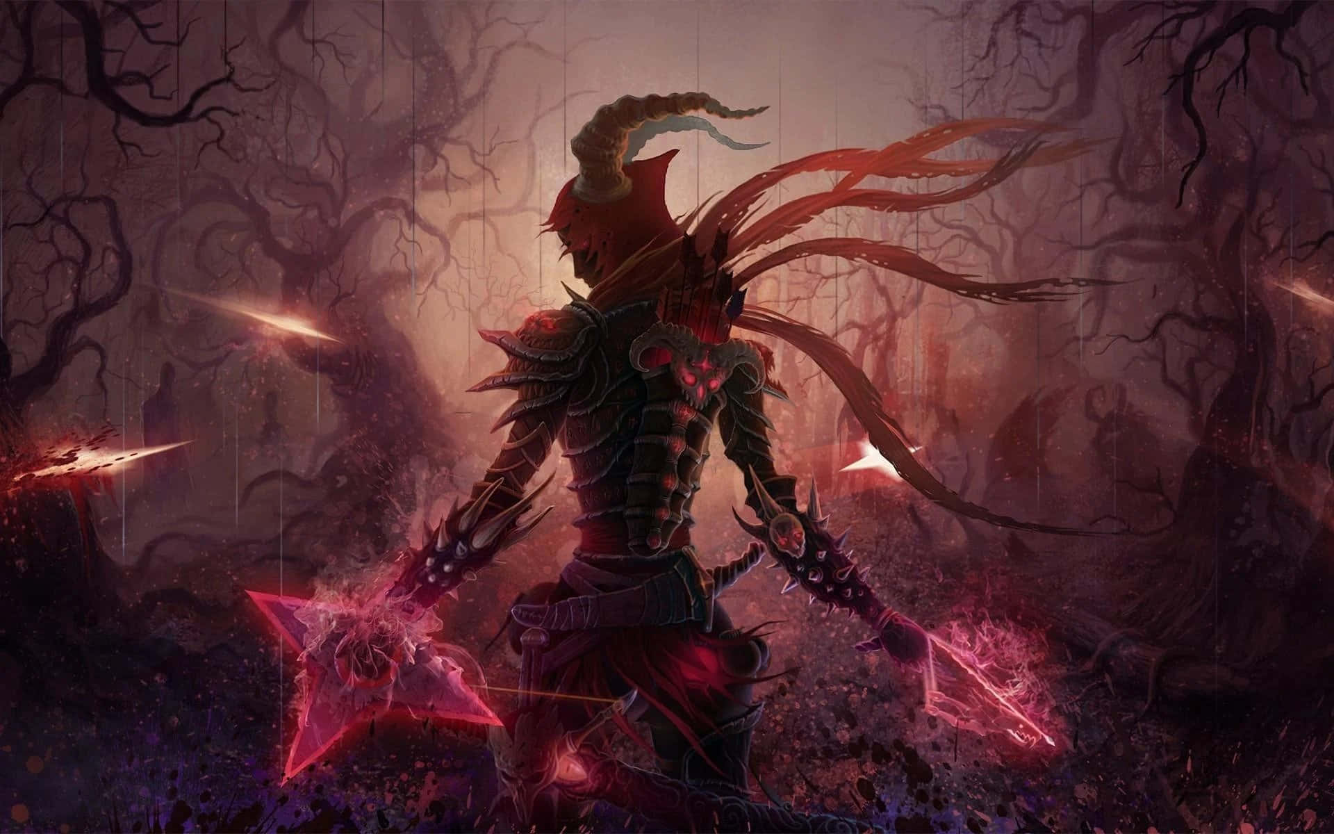 動漫惡魔 桌布 壁紙 — 一個身穿尖刺盔甲的惡魔戰士，在暴風雨黃昏的天空下，於扭曲的森林中揮舞著發光的紅色武器。