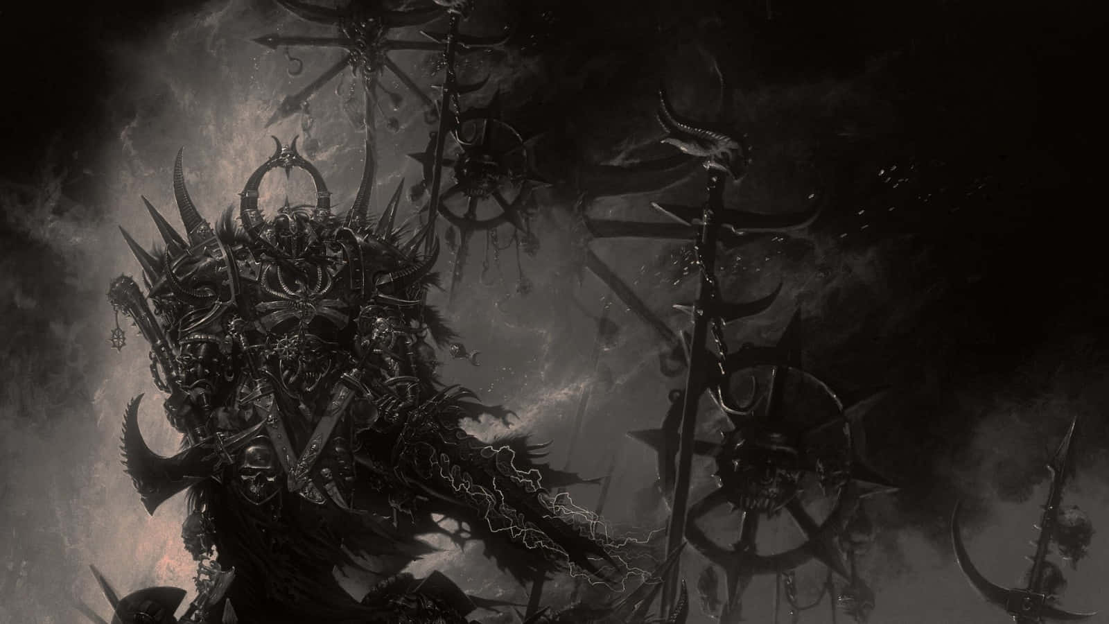 Dark Digital Art 桌布 壁紙 — 一個身穿尖刺盔甲的惡魔軍閥在風暴黑暗的戰場上揮舞閃電，周圍漂浮著武器。