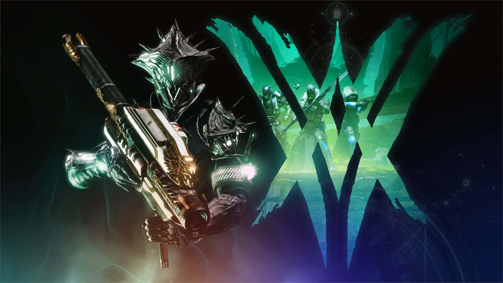 Destiny 2 桌布 壁紙 — 一個身穿尖刺盔甲的未來戰士，在黑暗的外星景觀中揮舞著一把發光的武器，背景有發光的綠色結構。