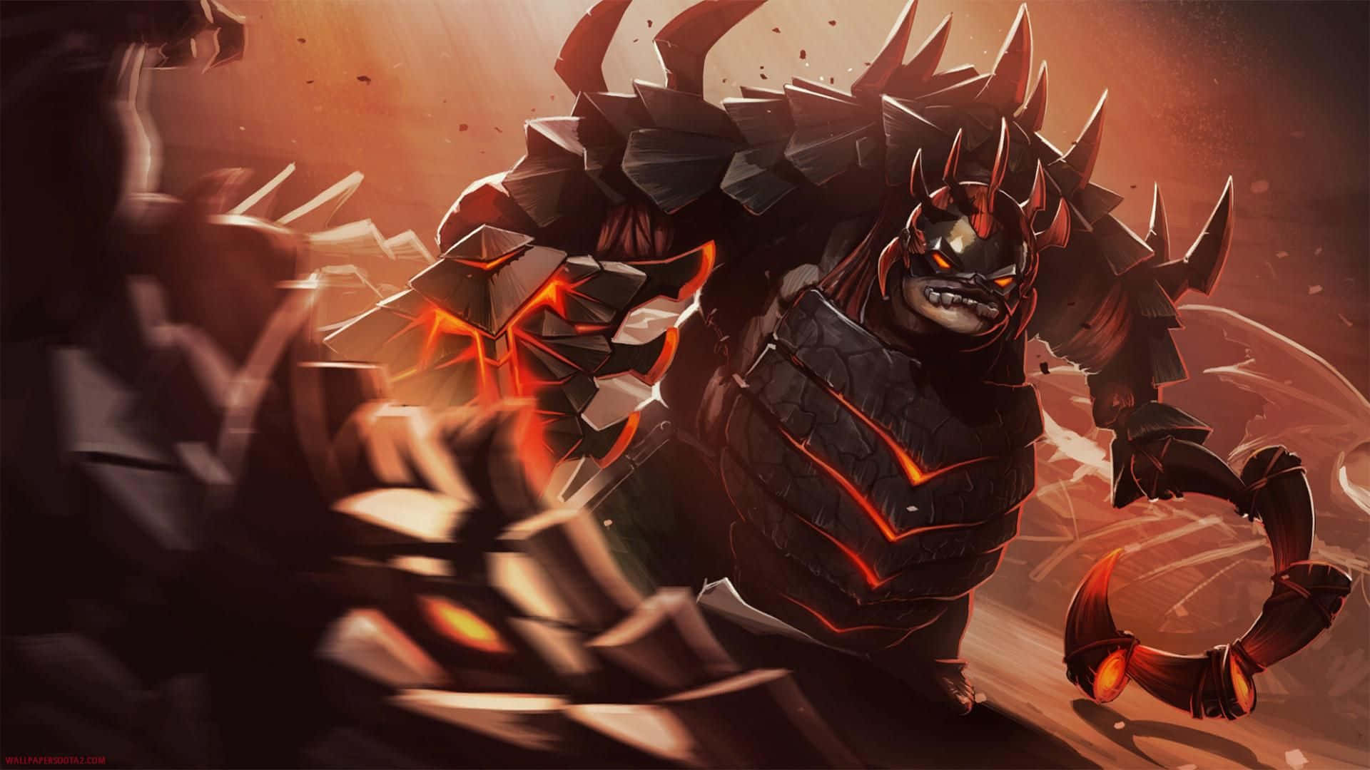 1920x1080 Dota 2 桌布 壁紙 — 一個身穿帶有尖刺的黑色盔甲、刻有發光橙色符文的可怕惡魔戰士，衝過破碎的戰場。
